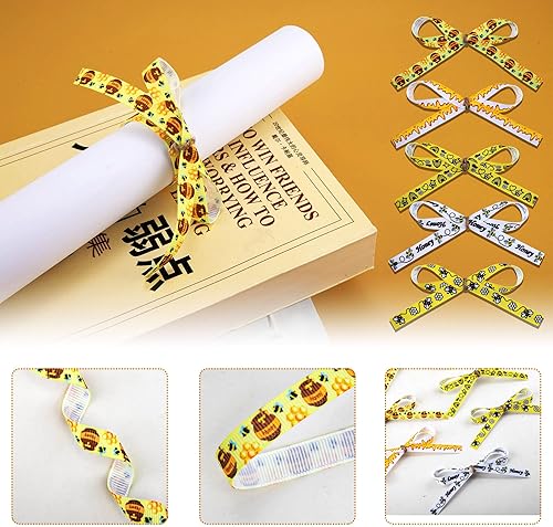 Miniatura 3 de 12 rollos de cinta de grogrén de abeja decorativa de 38 pulgadas, flor de miel, abeja, rayado, cinta amarilla para envoltura de regalos para