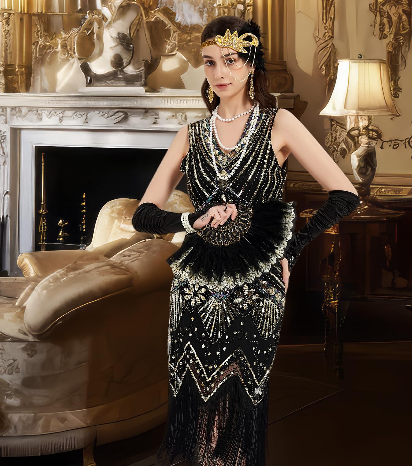WILDPARTY 1920s Dresses for Women Flapper Dress Lace Fan Fether Headband Sequins Beads Fringes 20s Accessories Vintage Mafia Costume BlackGold S - Image 2