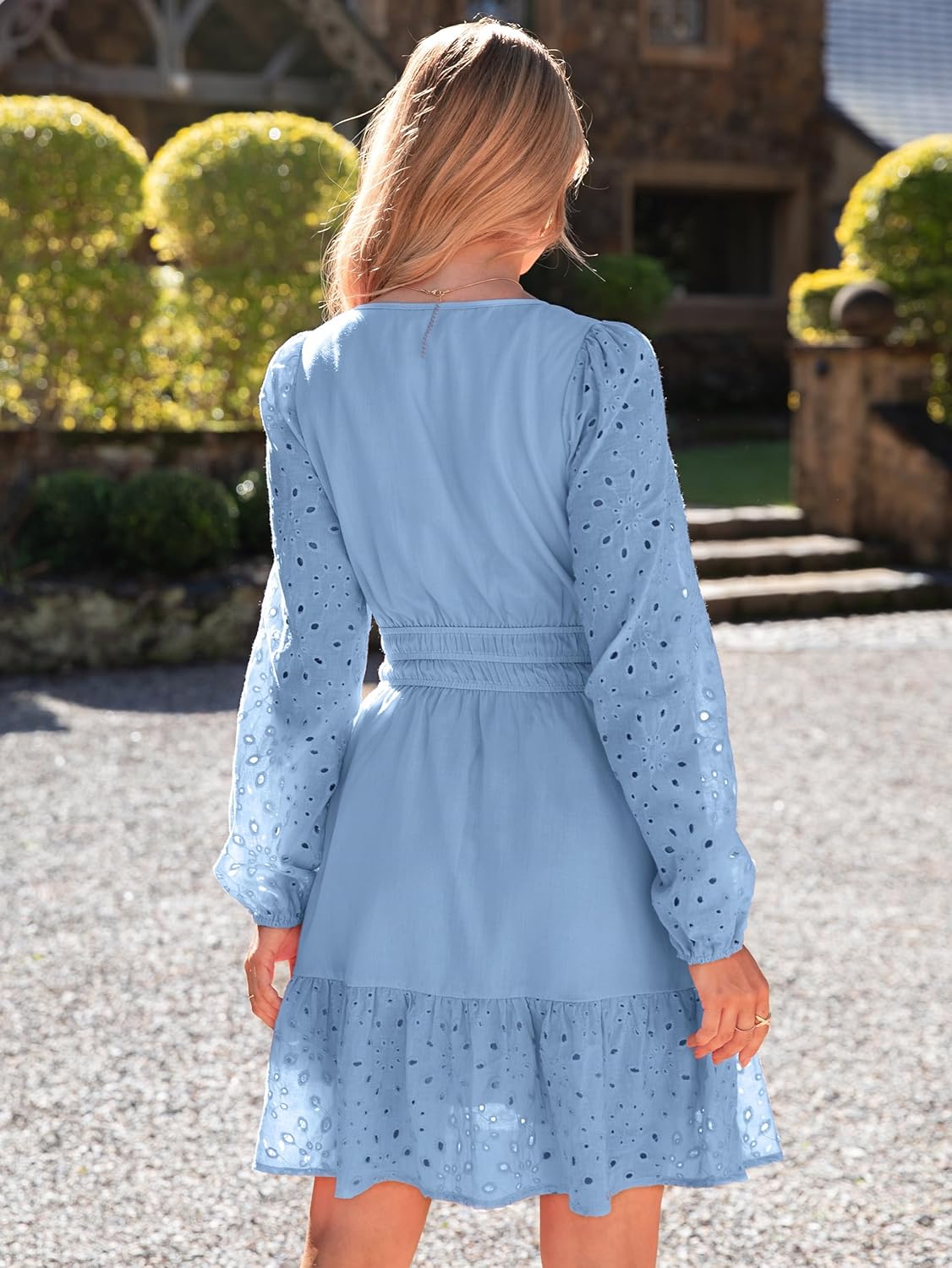 Simplee Womens Eyelet Long Sleeve Mini Dress 2025 Fall Boho Embroidery V Neck A Line Casual Short Party Dresses - Image 4