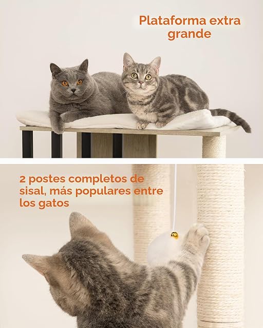 Foto 4 de 8 de FourFurPets 3 Niveles Moderno Árbol para Gatos, Altura 111 cm, Torre de Gatos, con 2 Postes de Sisal