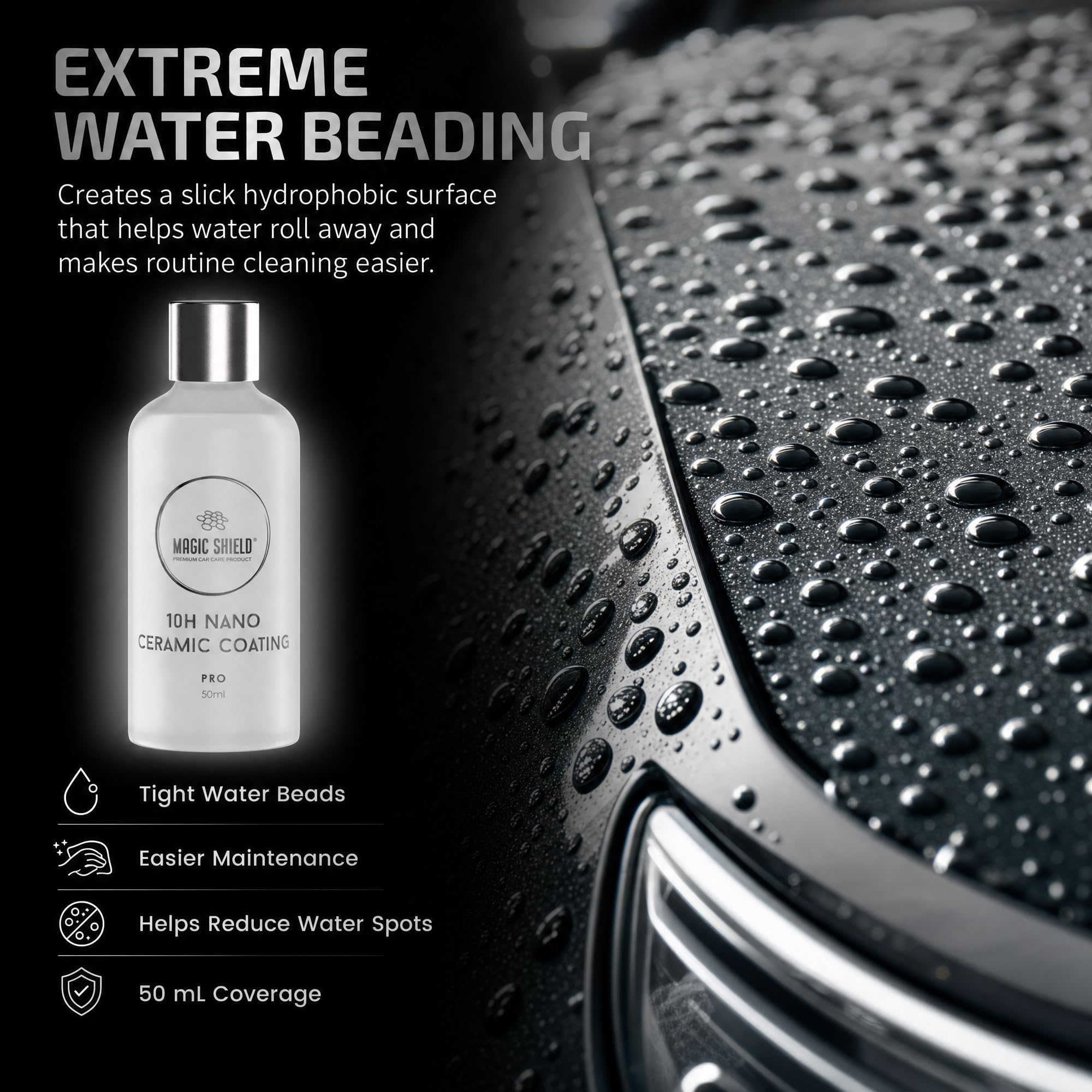 Magic Shield Revestimiento cerámico PRO 10H - Autocuración | Larga duración para más de 2 coches | Protección avanzada de SiO2 | Fácil aplicación | Brillo similar al caramelo | Perfecto para coches,
