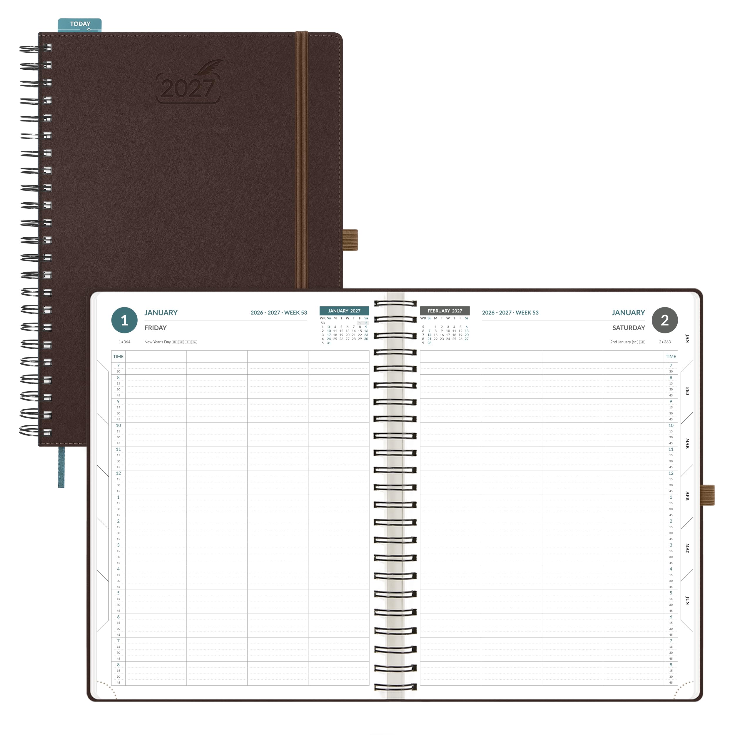 BEZEND A4 Diary 2027 Day per Page Spiral 4-Column Layout & 15-Min Intervals