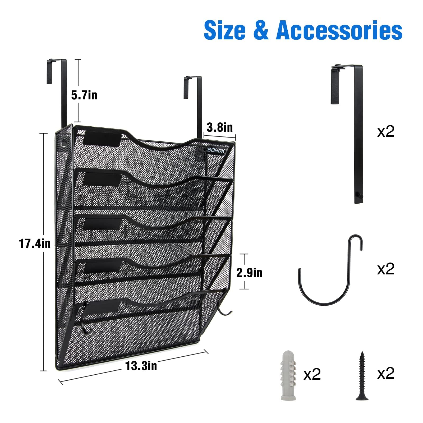 BOHDK 6-traps net-wandorganizer om op te hangen, verticale wandorganizer voor kantoor, papieren documentenorganizer, kantoororganizer en opslag voor thuis en kantoor, zwart