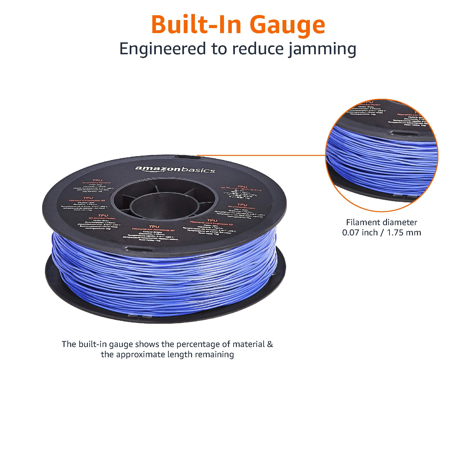 Amazon Basics Filamento per stampanti 3D, in poliuretano termoplastico (TPU), 1.75 mm, blu, bobina da 1 kg