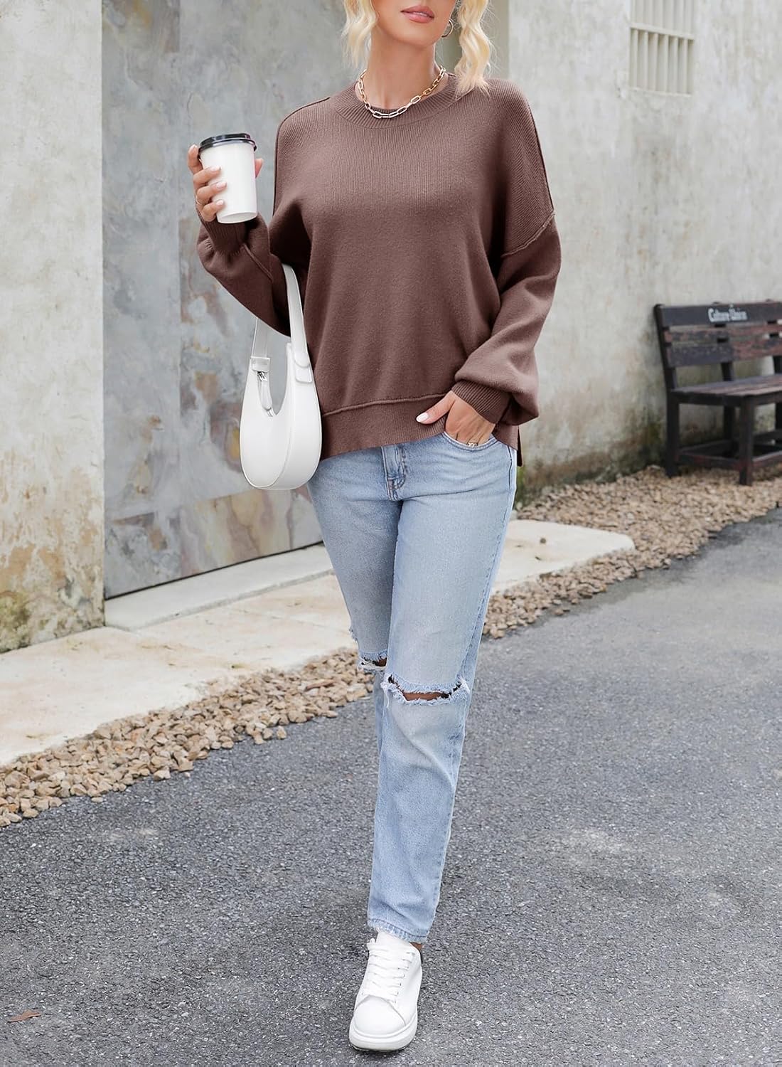 Dokotoo Women's Sweaters Colorblock Crewneck Cotton Long Sleeve Fall Winter Knit Pullover Jumper Tops