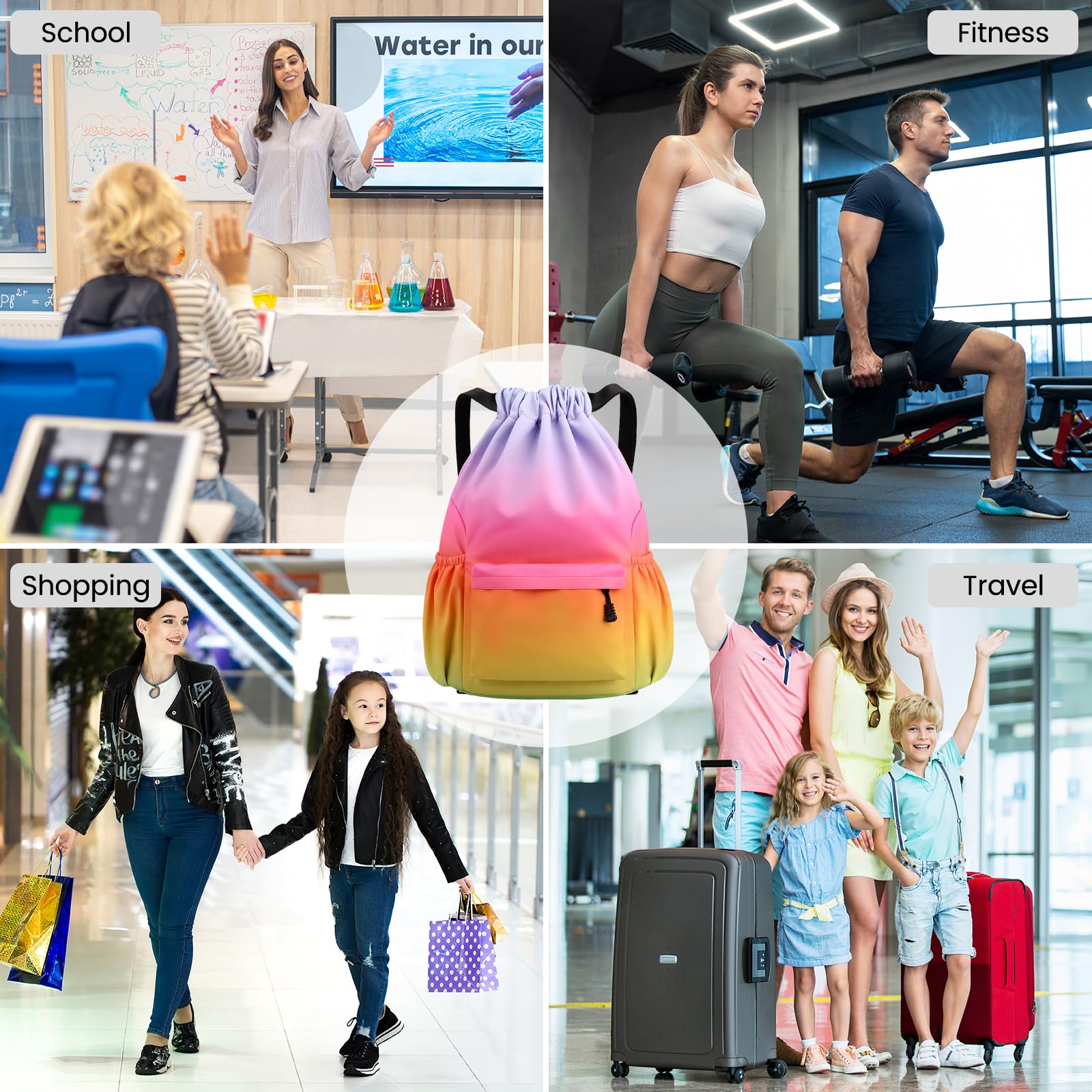 Sac à Dos à Cordon, Imperméable Large Bandoulière Sacs de Sport à Cordon Sac de Gym Avec Poche Intérieure Et Poche De Sécurité avec Poche Avant Et Arrière Zippée, Dégradé Couleurs