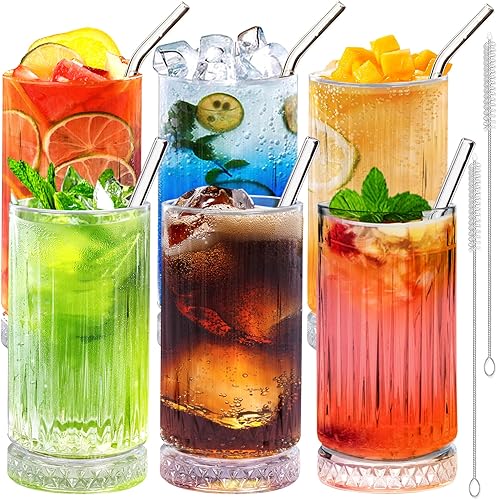 YICTION Juego de 6 vasos de cristal acanalados vintage de 16 onzas con pajitas, vasos de vidrio transparente para café helado, cóctel, whisky,