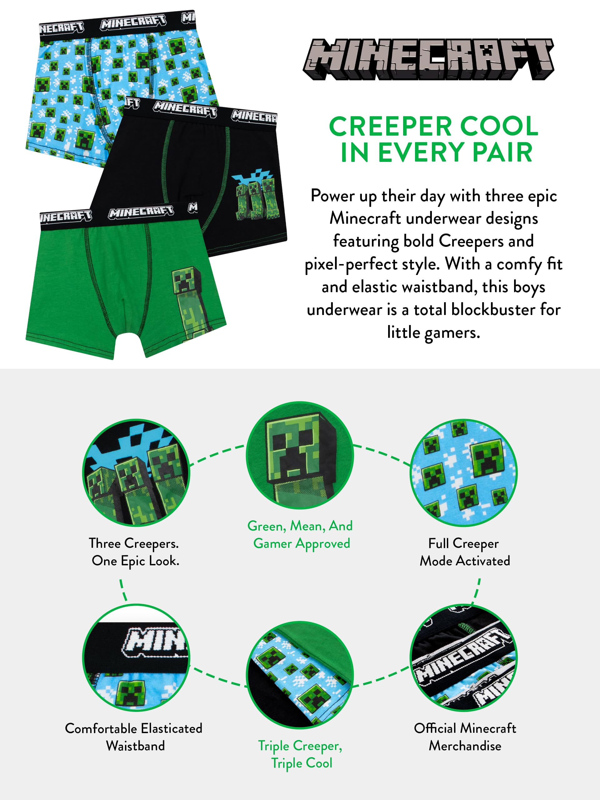 MINECRAFT Boxer Bambino Pacco da 3, Mutande Bambino di Creeper, Boxer Ragazzo Gaming