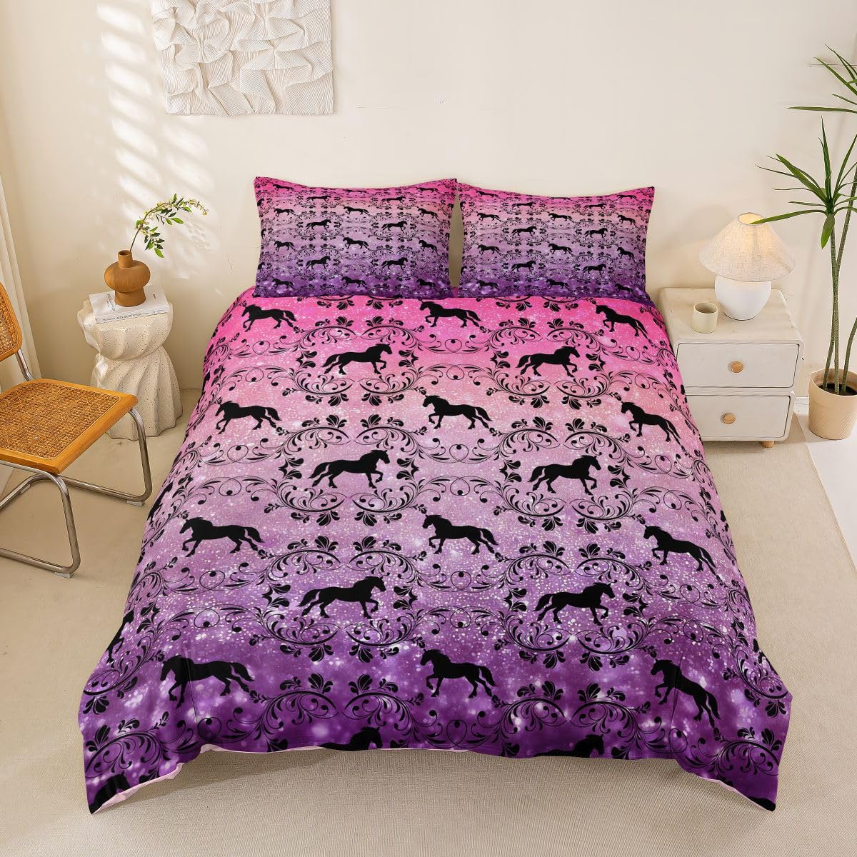 Homemissing Horse Print Duvet Cover Set Cot Size for Kids Boys Girls Horse Silhouette Bedding Set Western Gifts for Equestrian Duvet Cover with 1 Pillowcase No Glitter Bedding — image 1