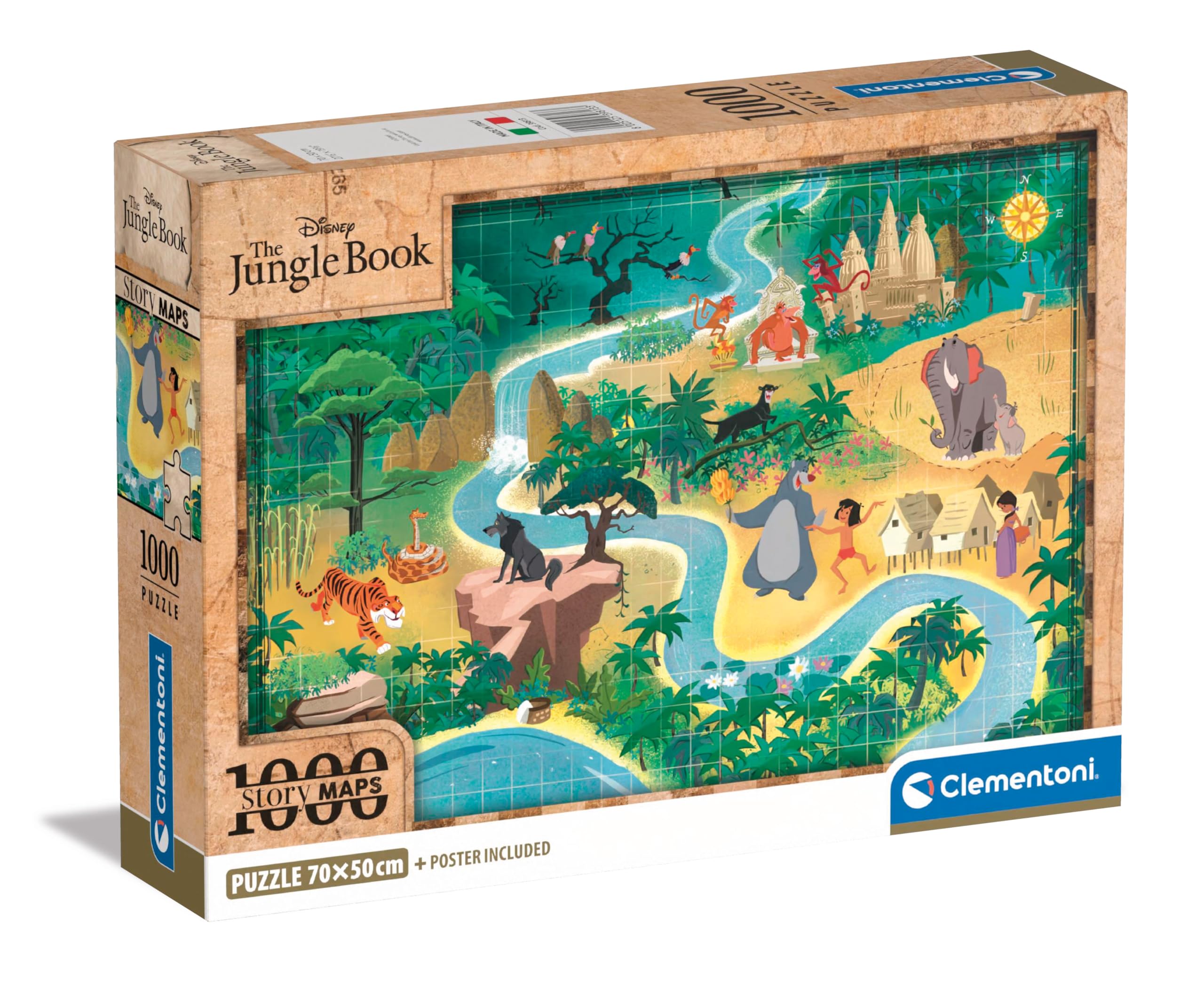 ClementoniJigsaw Puzzle Story Maps - The Jungle Book 1000 Pieces - Poster Included, Puzzle For Adults 14-99 Years, Gift For Men/Women, Map, Made In Italy, 39813