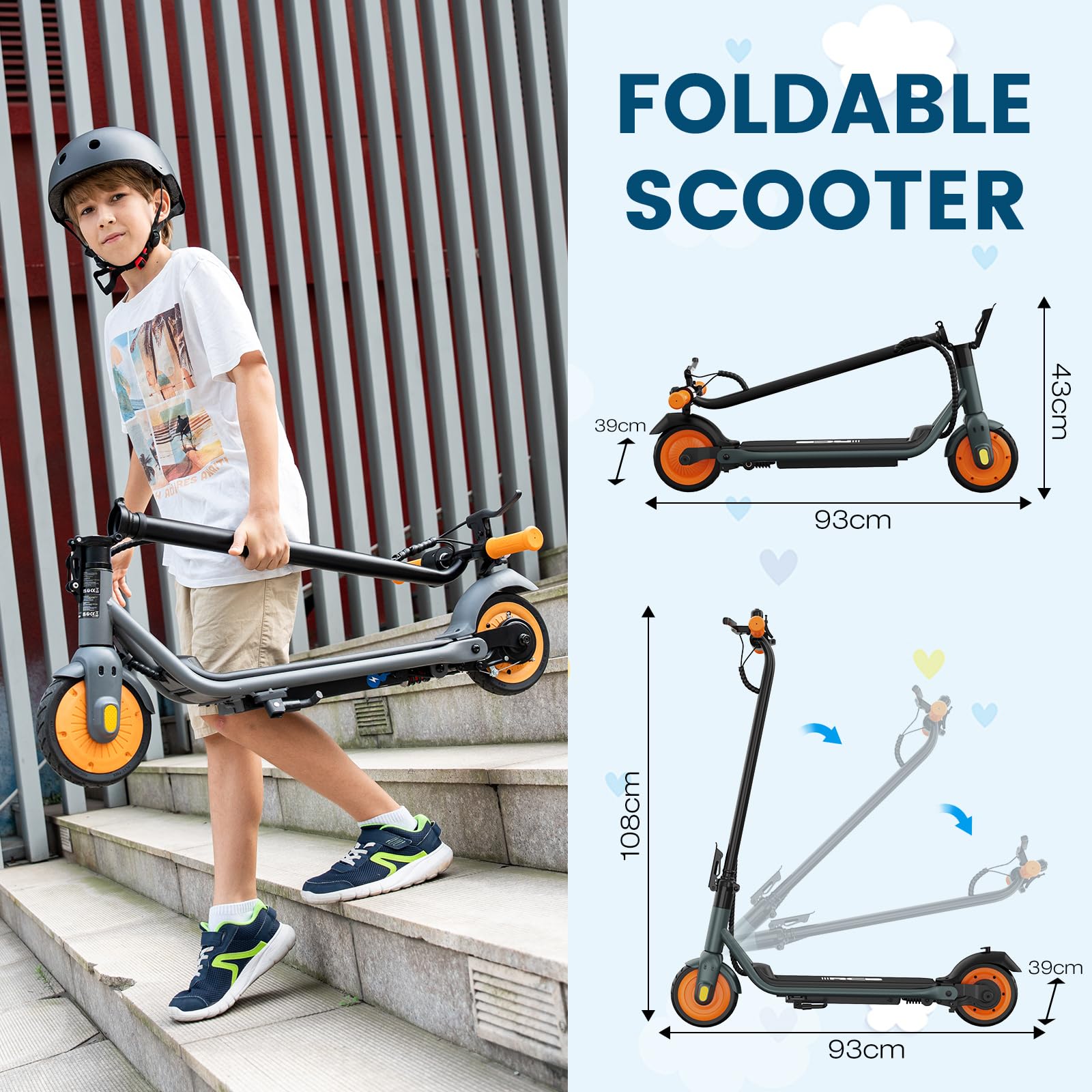 RCB R7X E-Scooter Kinder, Max Reichweite 15KM, Max Geschwindigkeit 15KM/H, 7" Vollgummireifen, Faltbarer Kinder Elektroroller, Stoßdämpfung, Geschenk für Kinder 8-12 Jahre