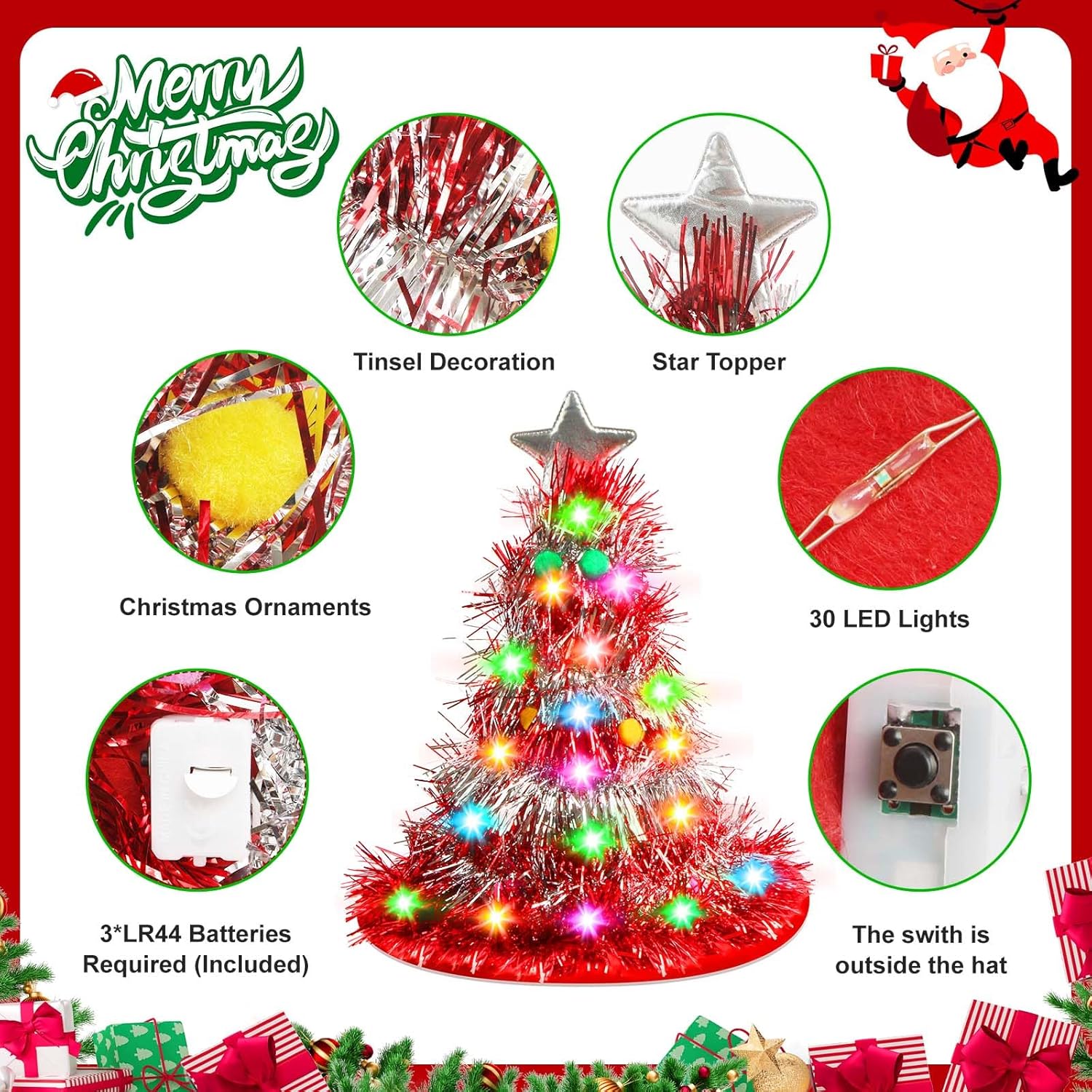 Farochy Christmas Tree Hat with Lights - Santa Hat 30 LED Colorful Lights Christmas Costume