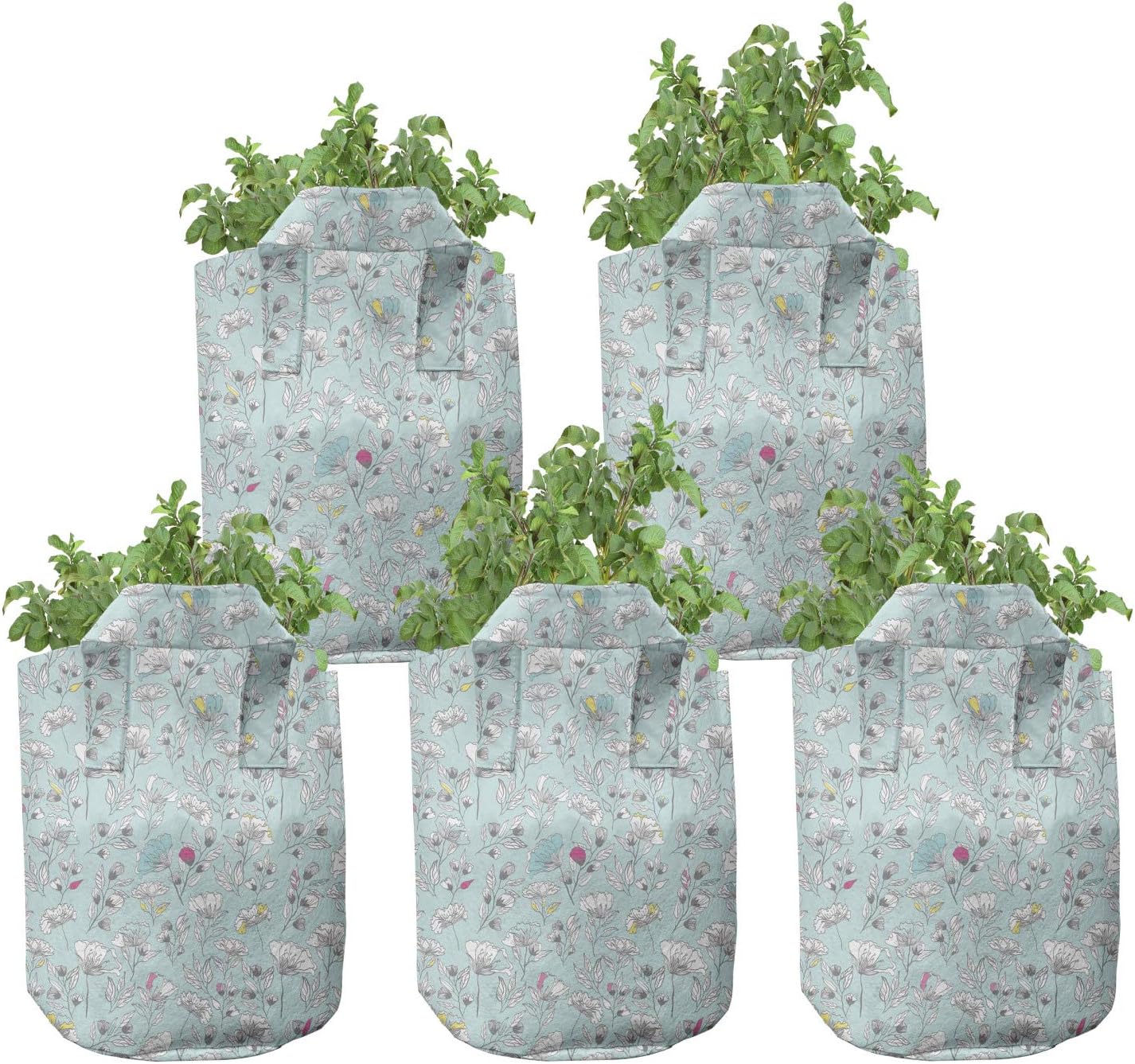 Lunarable Floral Grow Bags 5-Pack, Vintage Delicate Flowers, Heavyduty Fabric Pots with Handles for Plants, 7 Gallon, Pale Blue Multicolor