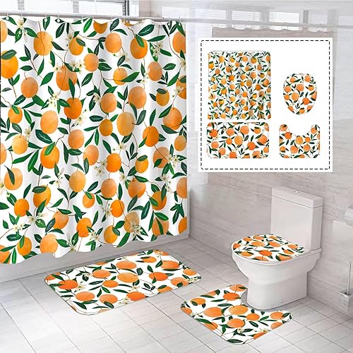 Lifeel Juego de 4 cortinas de ducha naranja con alfombras antideslizantes, cubierta para tapa de inodoro y tapete de baño, cortina de ducha de