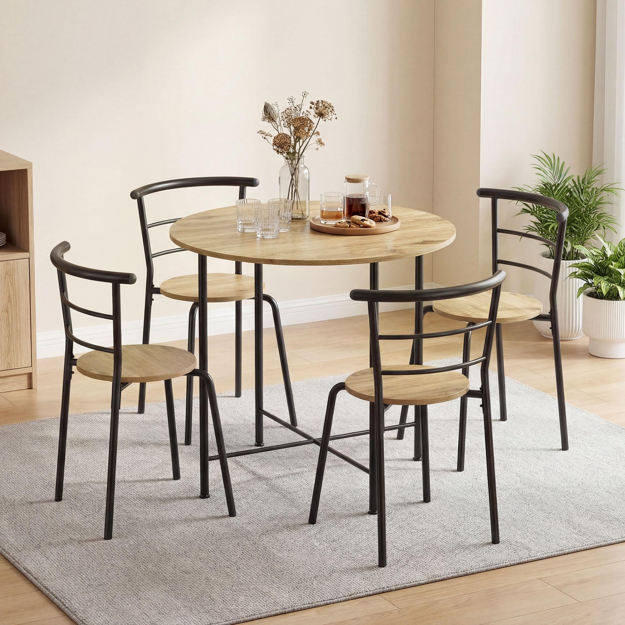 HOMCOM Juego de Mesa y Sillas de Comedor Compact 4 Sillas Ø85x76 cm Natural | Estilo Industrial, Mesa de Cocina Redonda, Marco Metálico, para Salón y Espacios Pequeños
