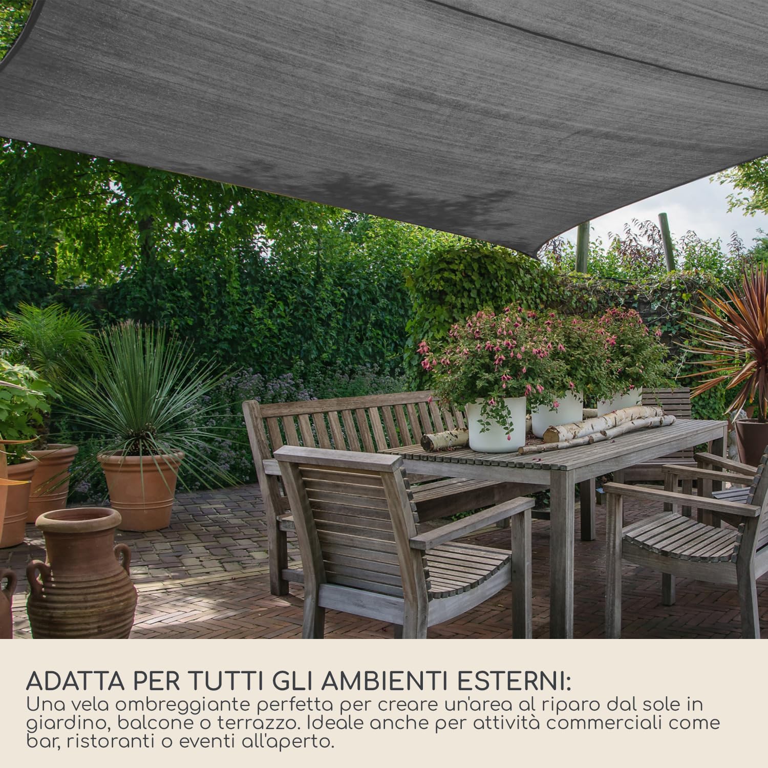 Rebecca Mobili Tenda Vela Quadrata, Vela Ombreggiante, Grigio Scuro, Polietilene Hdpe, Corde Incluse, Con Astuccio, Per Giardino Balcone - Misure: 3,6x3,6 mt - Art. RE6811