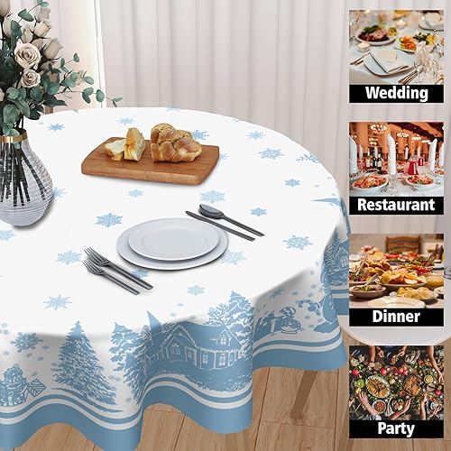 Miniatura 4 de Mantel de invierno con diseño de muñeco de nieve azul y muñeco de nieve de 60 pulgadas, mantel de árbol de Navidad, mantel de poliéster para