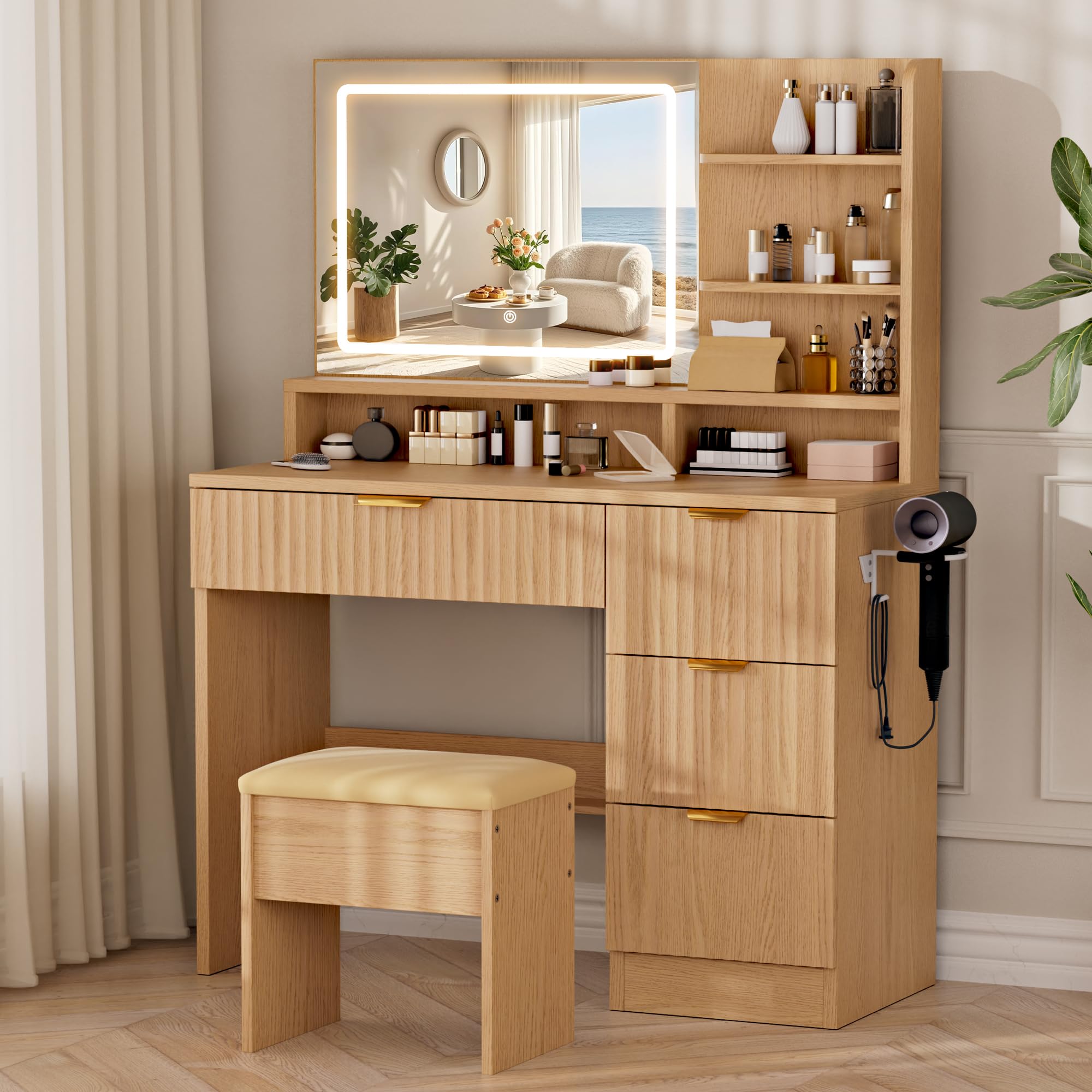 Natural Wood Makeup Vanity with Smart Mirror