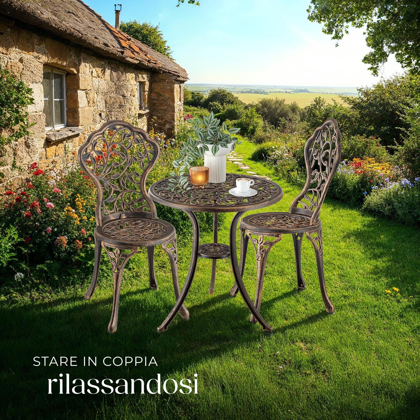 Tectake Bistrot Set per 2 Persone, Tavolo e Sedie da Giardino in Alluminio, Motivo Foglia Vintage