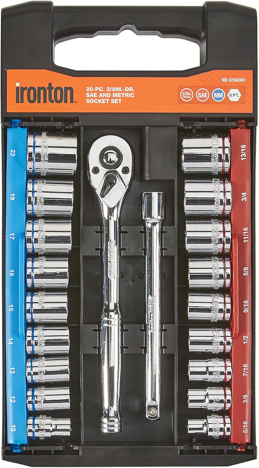 Ironton 3/8in.-Drive Socket Set, SAE, Metric, 20-Pc.
