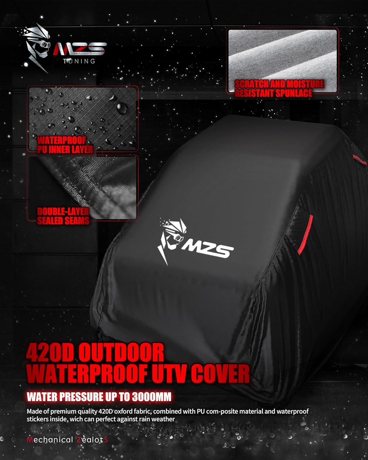 MZS UTV Cover Waterproof All Weather Season Protection Accessories fits up to 160 inch 4-6 Passengers Utility Vehicle Covers - Vents Night Reflective Tear Wind Proof Adjuster Buckle Storage