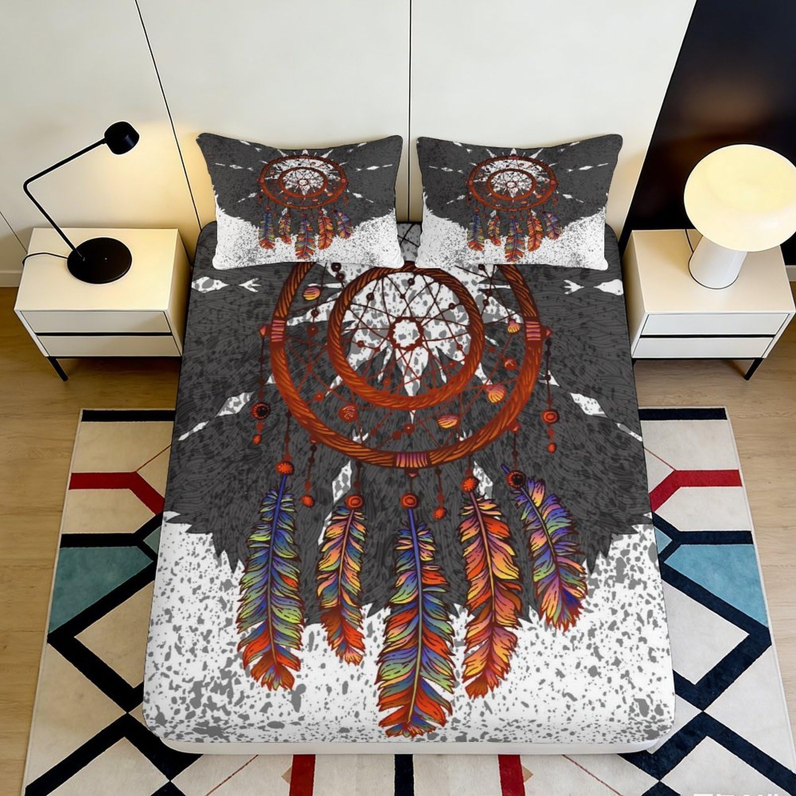 Pnayamiorkfel Style-3 3D Printed Dreamcatcher Fitted Sheet Microfiber Colourful Feather Bed Cover For Bedroom Dorm Mattress Protection Decor 90X200x25cm