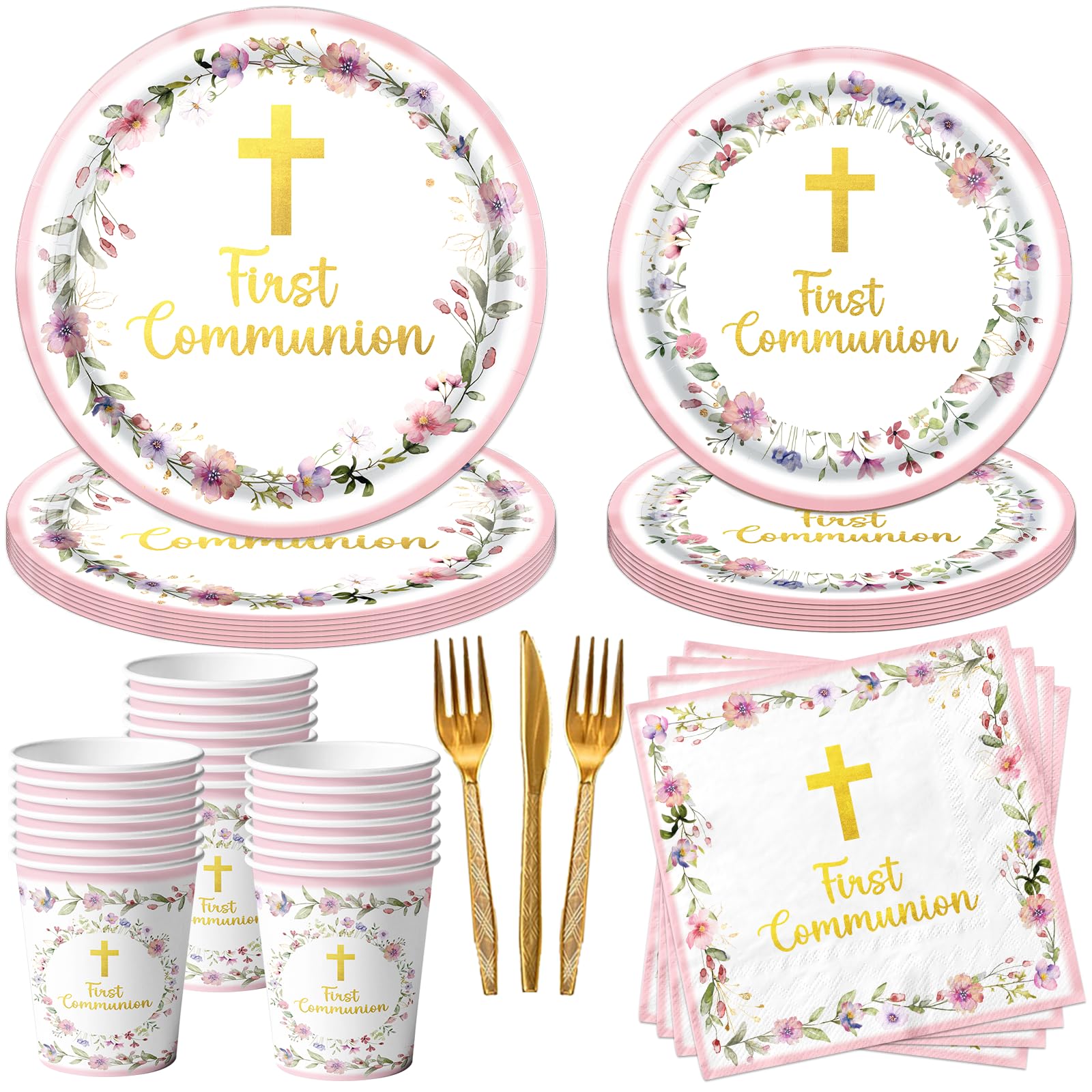 Decoraciones de primera comunión, 150 platos y servilletas rosas de primera comunión, suministros de cumpleaños, suministros de cumpleaños, vajilla de papel para niñas, bautizo, celebración, fiesta de