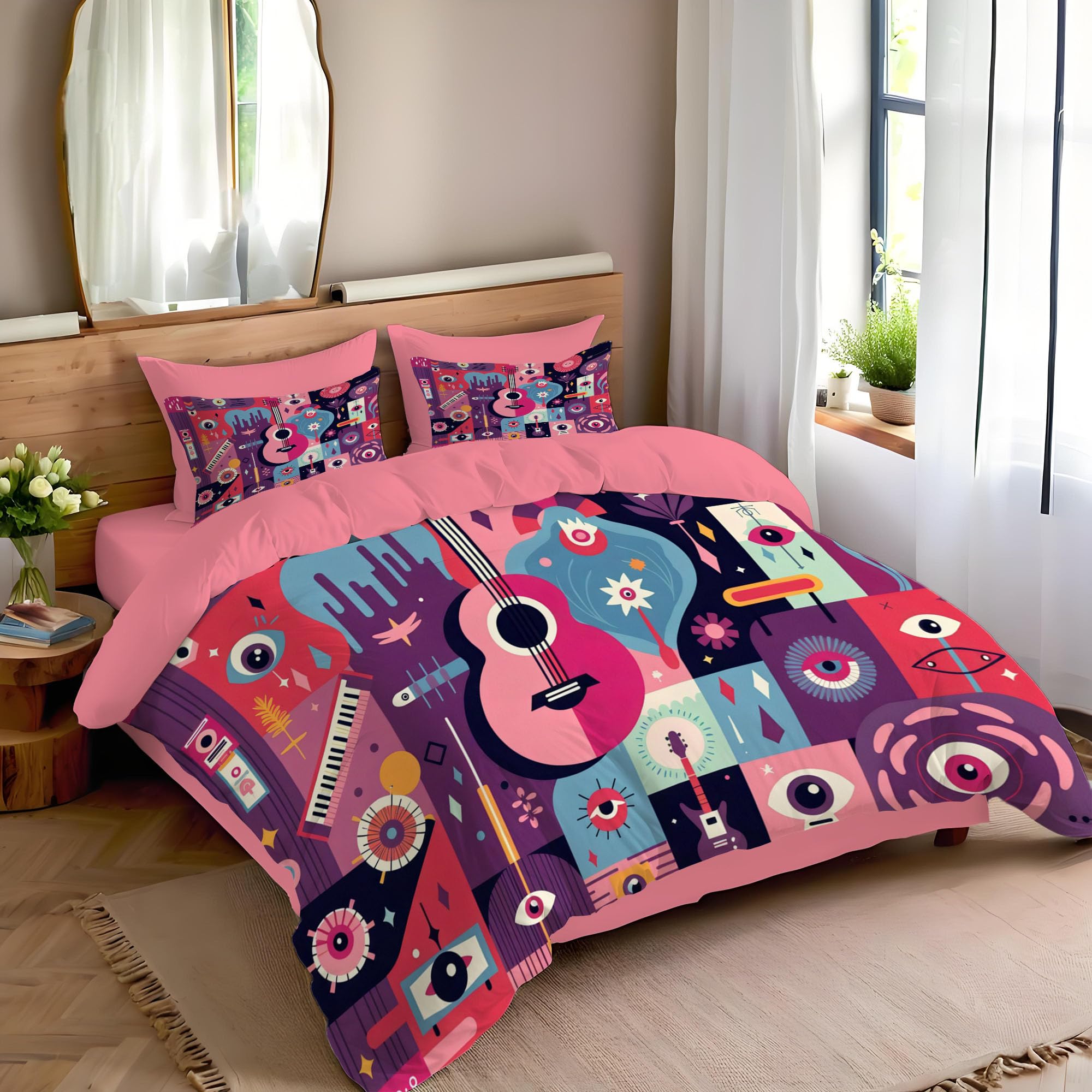 Housse de couette 220x240 guitare parure de lit 3D violet rose avec taies 65x65