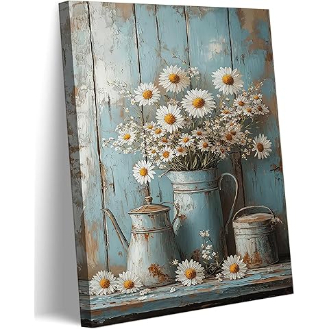 Rustic Farmhouse Daisy Canvas Wall art Country Flower Posters Prints Vintage Still Life Botanical Paintings for Hallway Bathroom Bedroom Living Room Home Decoration Ready to Hang