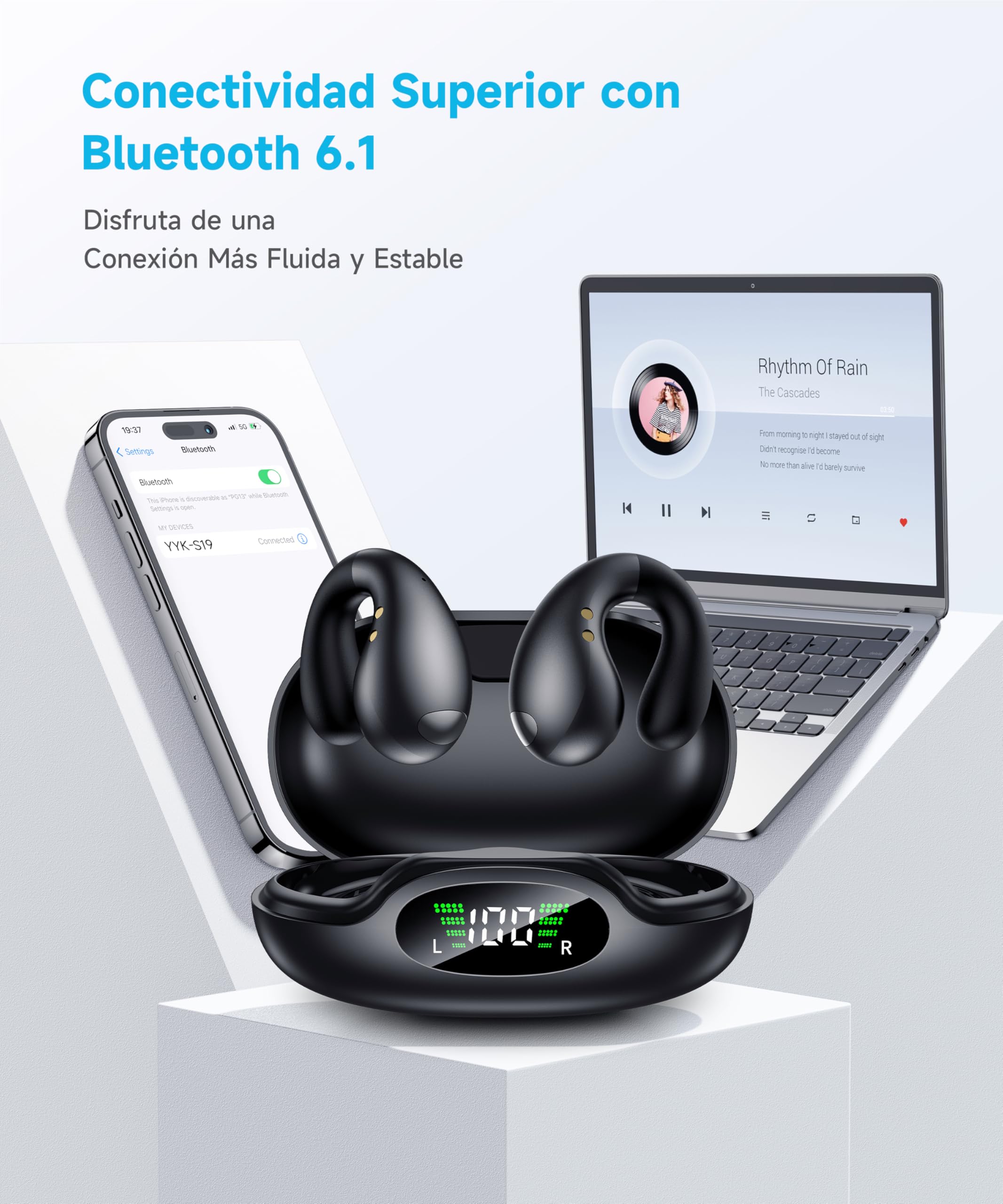 Cuffie Bluetooth 6.1 Sport Wireless Auricolari Clip Orecchio IPX7 Nero