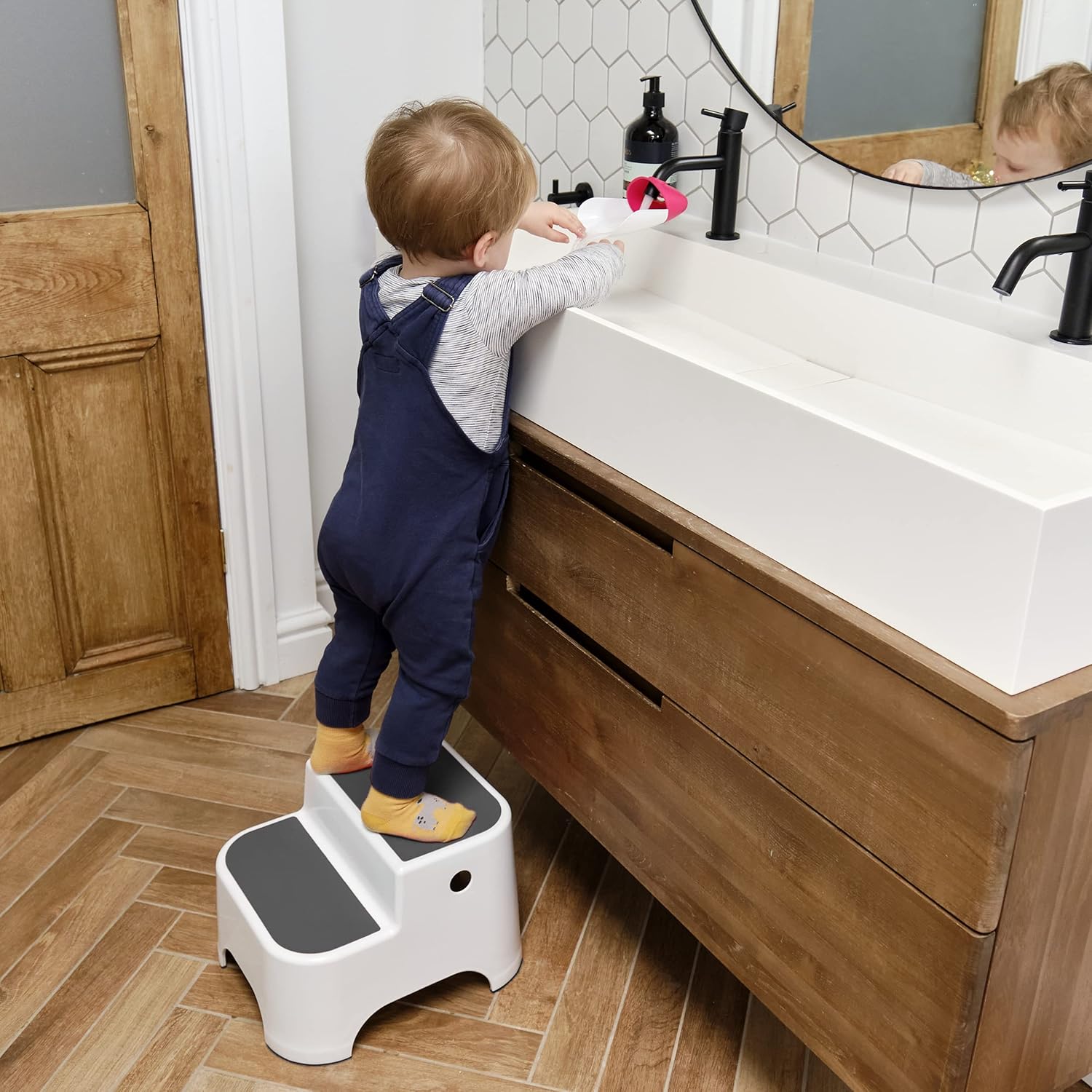 Prince Lionheart Dual Height UPPY2 Two Step Stool for Potty Training Kids and Toddlers to Wash Hands - Portable Non Slip Children and Toddler Stepping Stool for Toilet Bathroom or Kitchen (Gray)