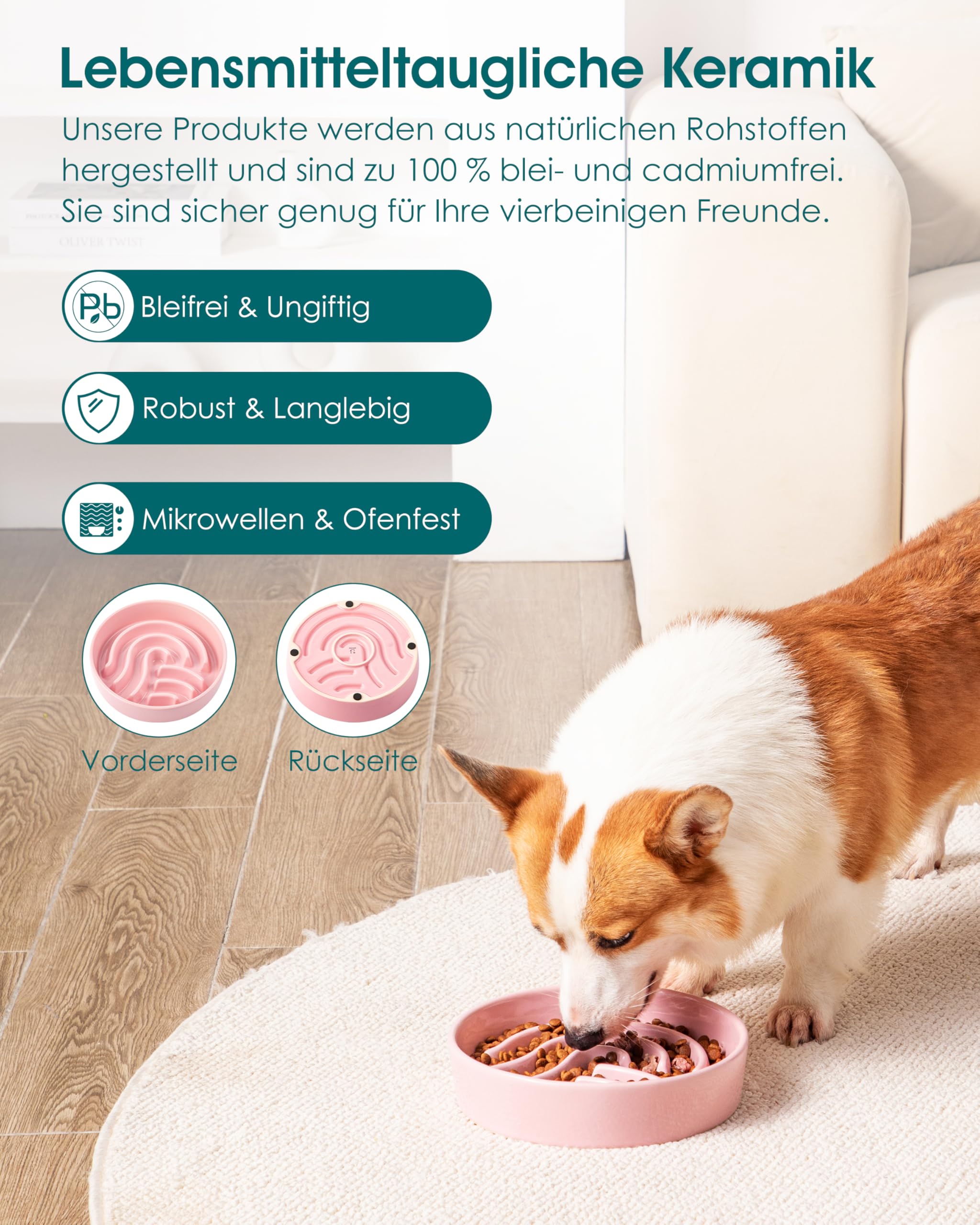vancasso Hundenapf, 960ml Hundenapf aus Keramik, Anti Schling Napf Hund für Kleine und Mittelgroße Hunde, Futternapf Hund Rutschfestem Design, Rosa