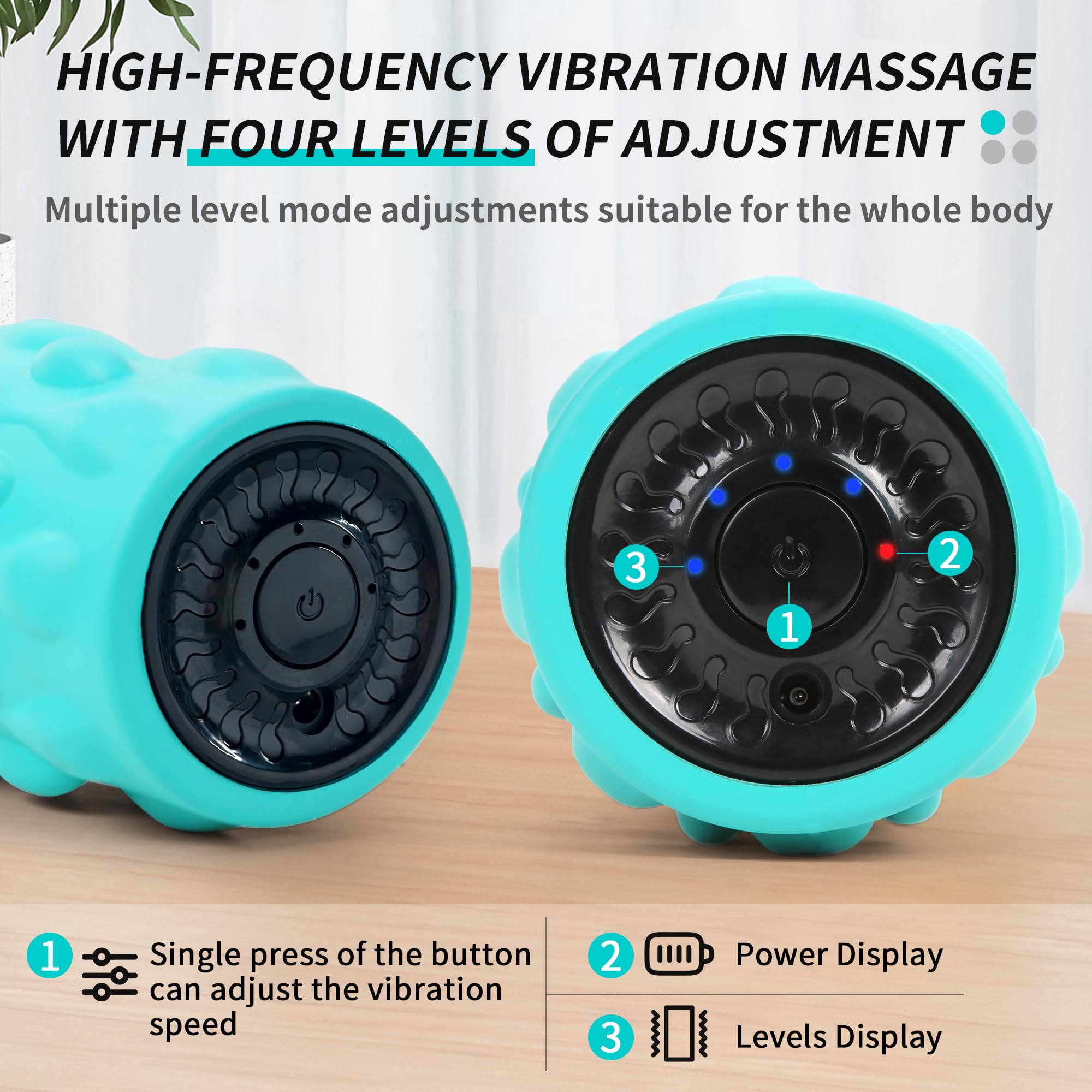 Rullo vibrante in schiuma ad alta densità blu con 4 velocità personalizzabili per massaggio profondo dei tessuti, recupero muscolare e sollievo dal dolore, ricaricabile con borsa portatile