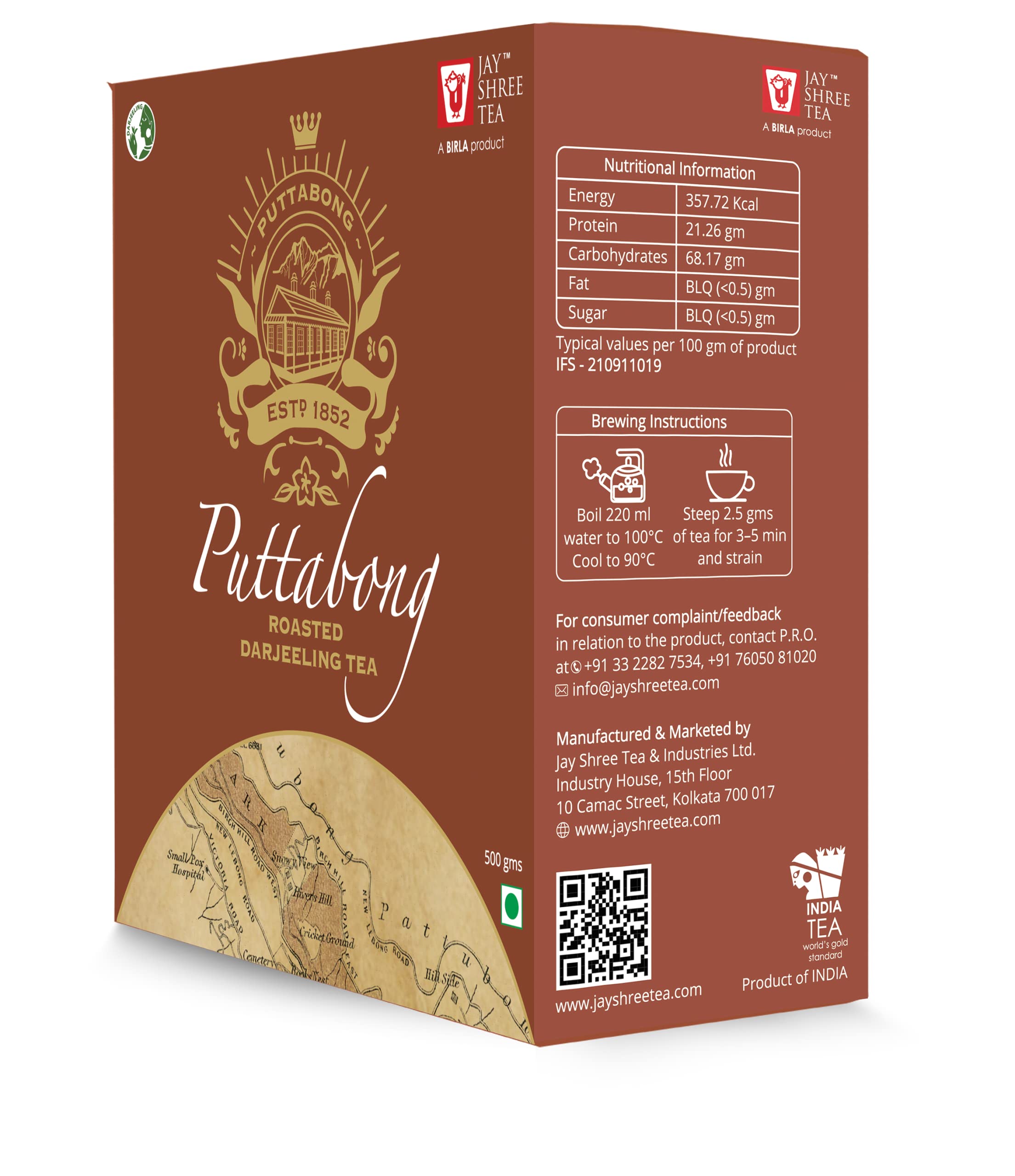 Jay Shree Tea Puttabong Roasted Darjeeling Tea - 500 Grams, Premium Loose Leaf Tea, Hand Plucked Full-Bodied and Robust Flavour, Whole Tea Leaves for Health and Wellness, Brew as Hot Tea, Iced Tea