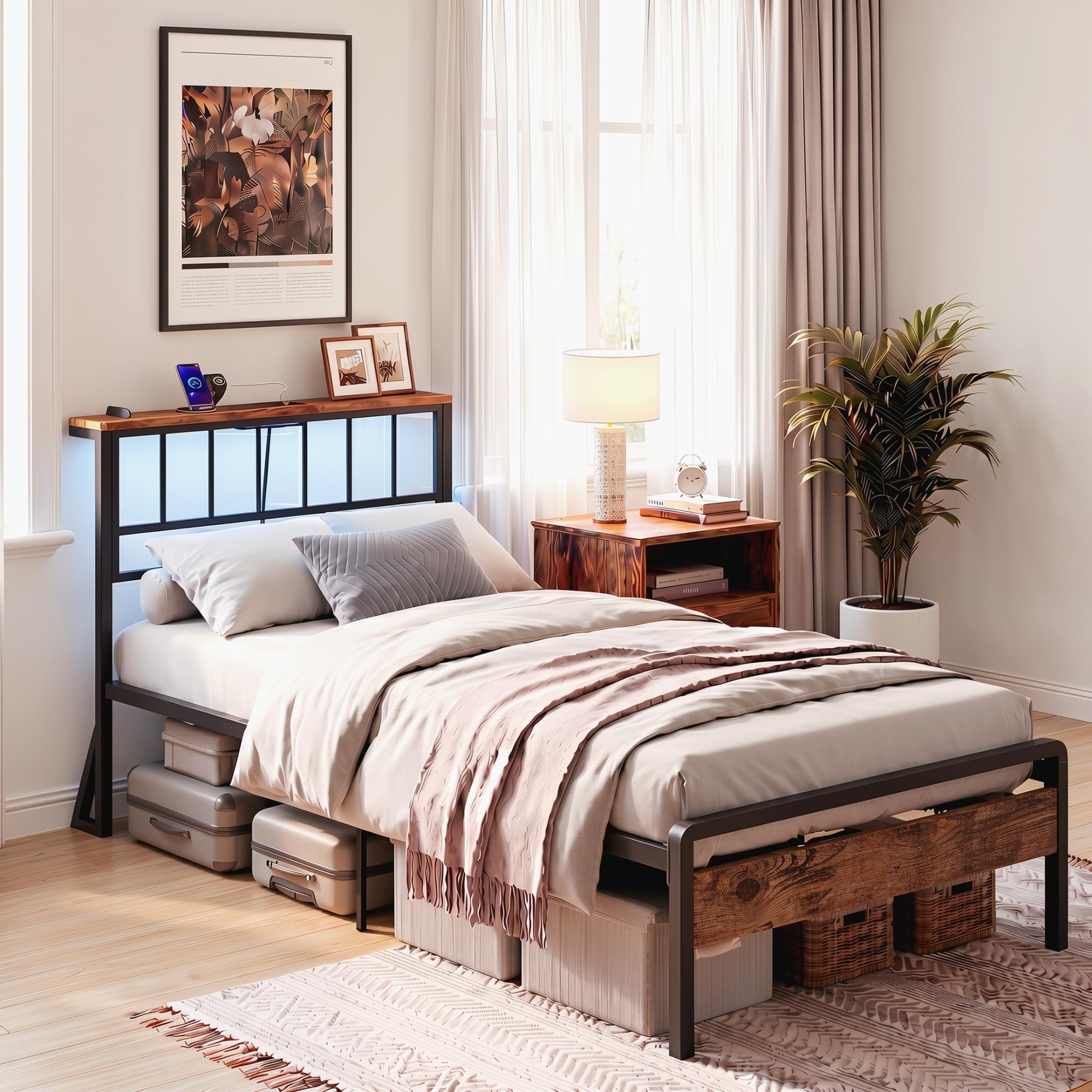 IRONCK Bett 90x200 mit Lattenrost aus Metall, Bettgestell mit Stauraum-Kopfteil und LED-Beleuchtung, Ladestation(Steckdosen, USB-A und USB-C-Anschlüssn), Stauraum unter dem Bett, Jugendbett, 90x200cm