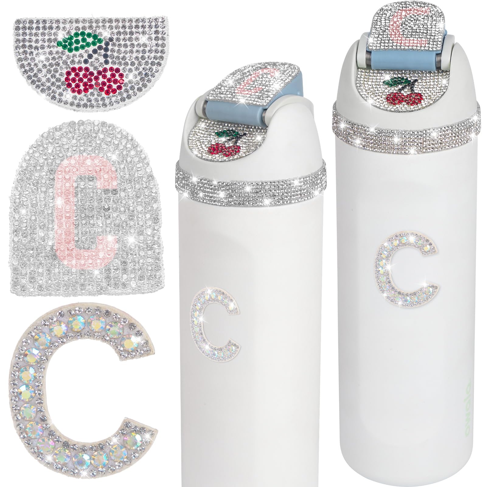 JUNIQUTE 4 PCS Use for Owala Water Bottle 16oz 24oz 32oz 40oz Accessories,Bling Rhinestone Letter Charms and Stickers Cherry Designs for Owala