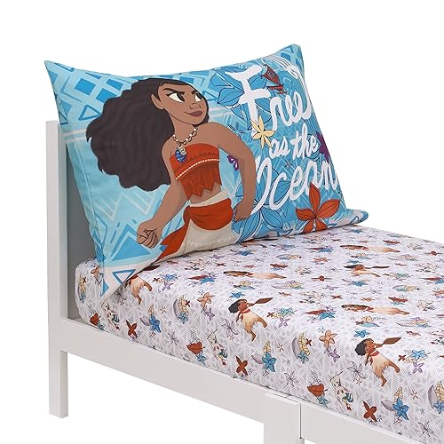 Miniatura 3 de Disney Moana Free as The Ocean Aqua, morado, naranja y blanco Tropical Juego de sábanas de 2 piezas para niños pequeños, sábana bajera y funda de