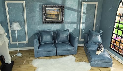 Miniatura 3 de iLAND Muebles de casa de muñecas, juego de sofá seccional en miniatura para decoración de casa de muñecas, accesorios a escala 1/12, sofá moderno