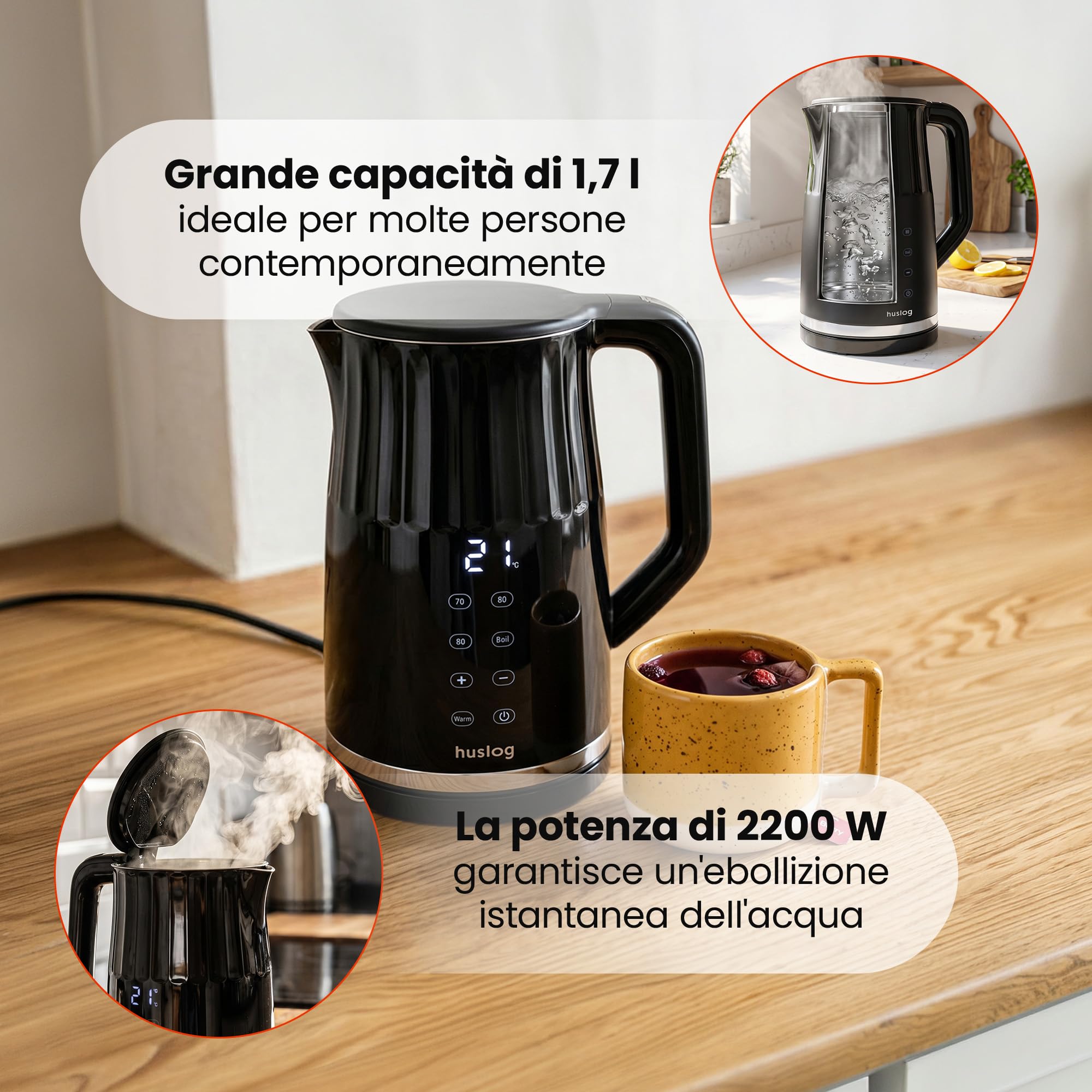 Bollitore elettrico da 1,7 l, 2200 W, con controllo della temperatura e pannello touch, design retrò, display LED, 4 programmi, 13 livelli, Keep Warm 2h, Cool Touch, acciaio inox 304, senza BPA