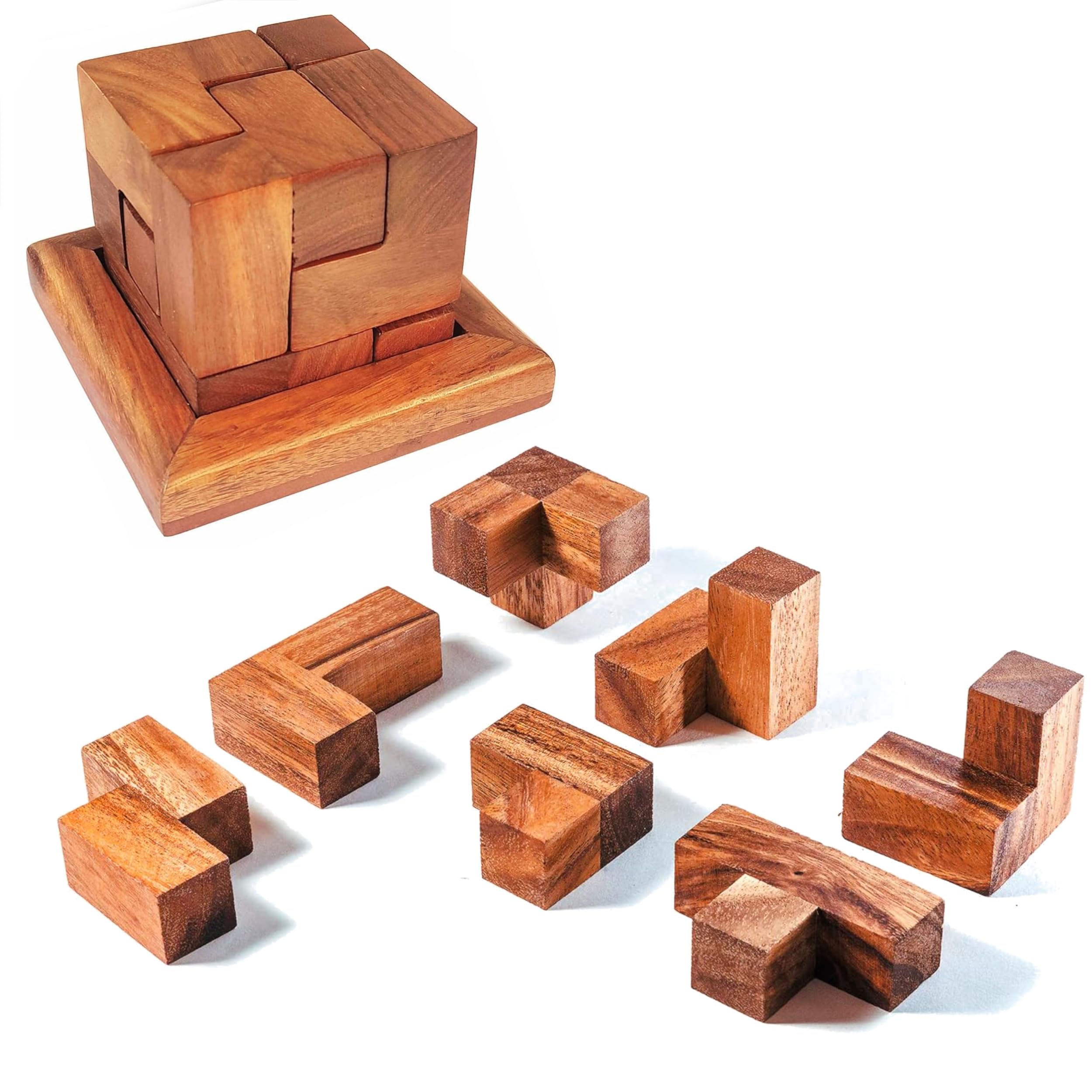 CarveNation Wooden Soma Puzzle with Tray, Handcrafted Brain Teaser, Rosewood, Educational (Soma Brain Teaser)-image-46