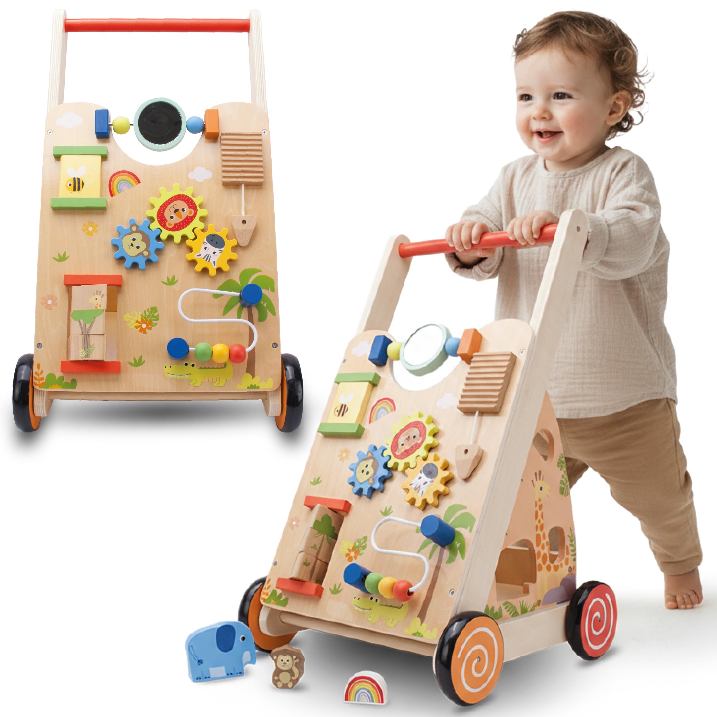 SUN BABY Interactive Baby Push Walker 12-36 Months - Brown | Activity board, interactive toys and stable wheels