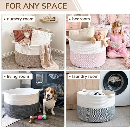 Vista 23 de INDRESSME - Canasta extragrande para ropa sucia de cuerda de algodón, cesta tejida decorativa con asas para guardería y sala, contenedor para Gris