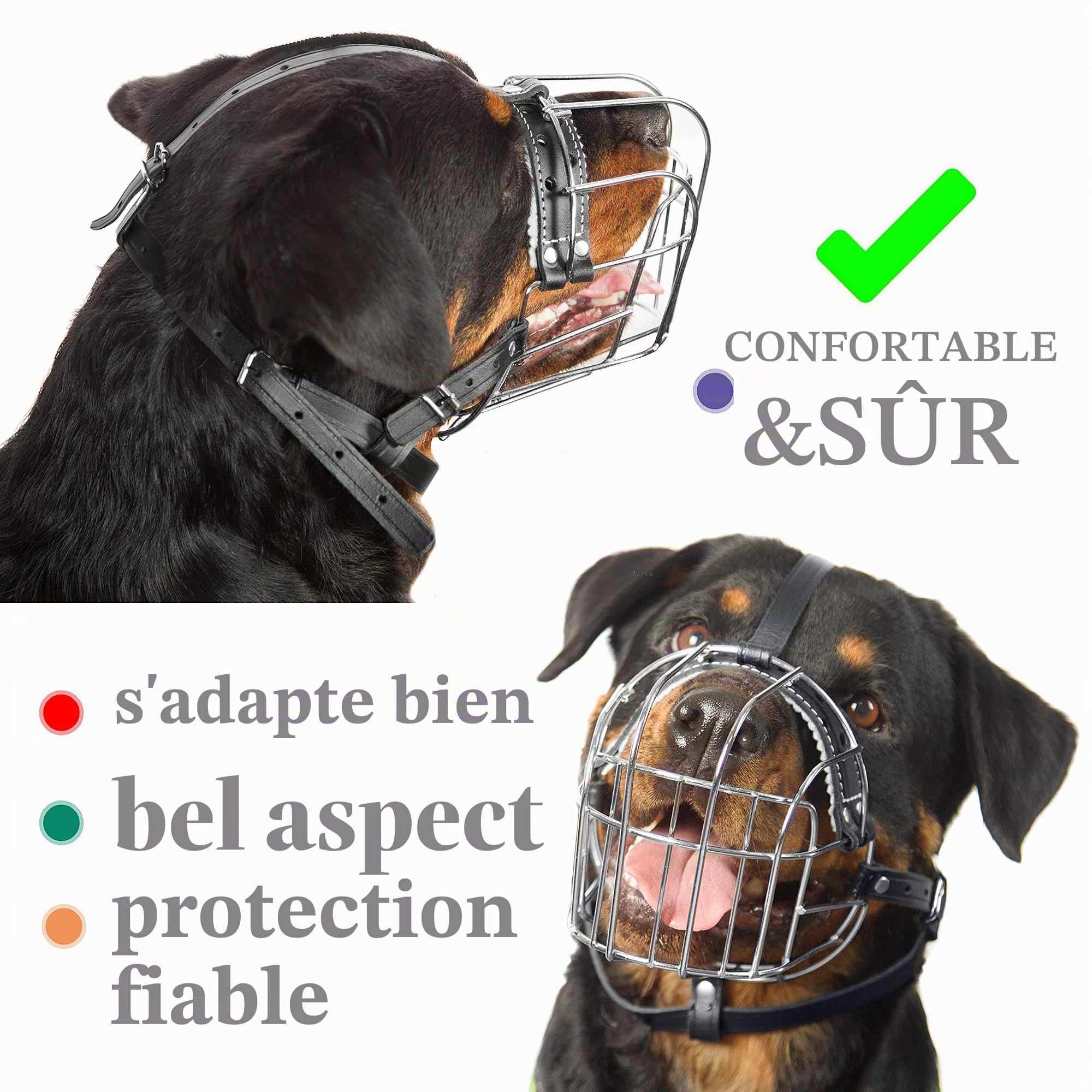 Muselière en métal pour Chien Rottweiler № 3 Fils Panier réglable en Cuir Sangles en Cuir réglable Circonférence 27-38,1 cm Longueur 2,7 x 3,4 cm