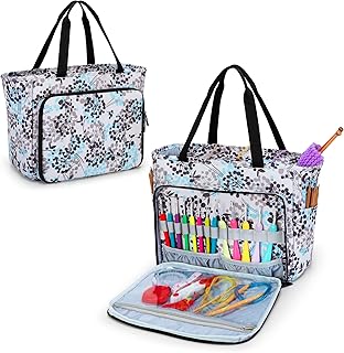 CURMIO Knitting Tote Bag, Yarn Storage Bag with Pockets for Crochet Hooks, Knitting Needles, Knitting Project and Accessories, Dandelion (Bag Only, Patented Design)