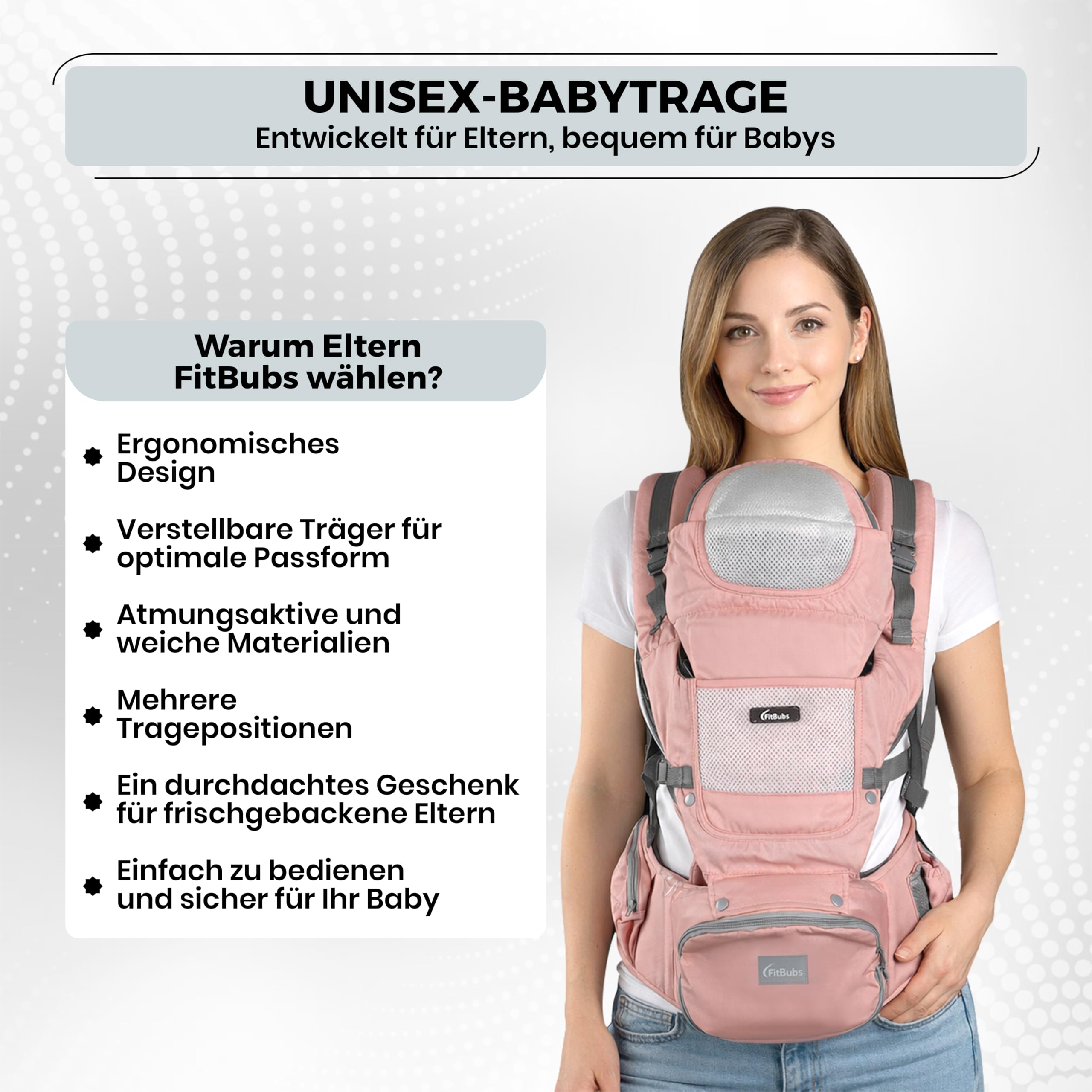 Babytrage für Neugeborene ab Geburt, 2-in-1 mit Hüftsitz, Ergonomische Tragehilfe für 3–36 Monate, 3–20 kg, Atmungsaktiv, Rosa
