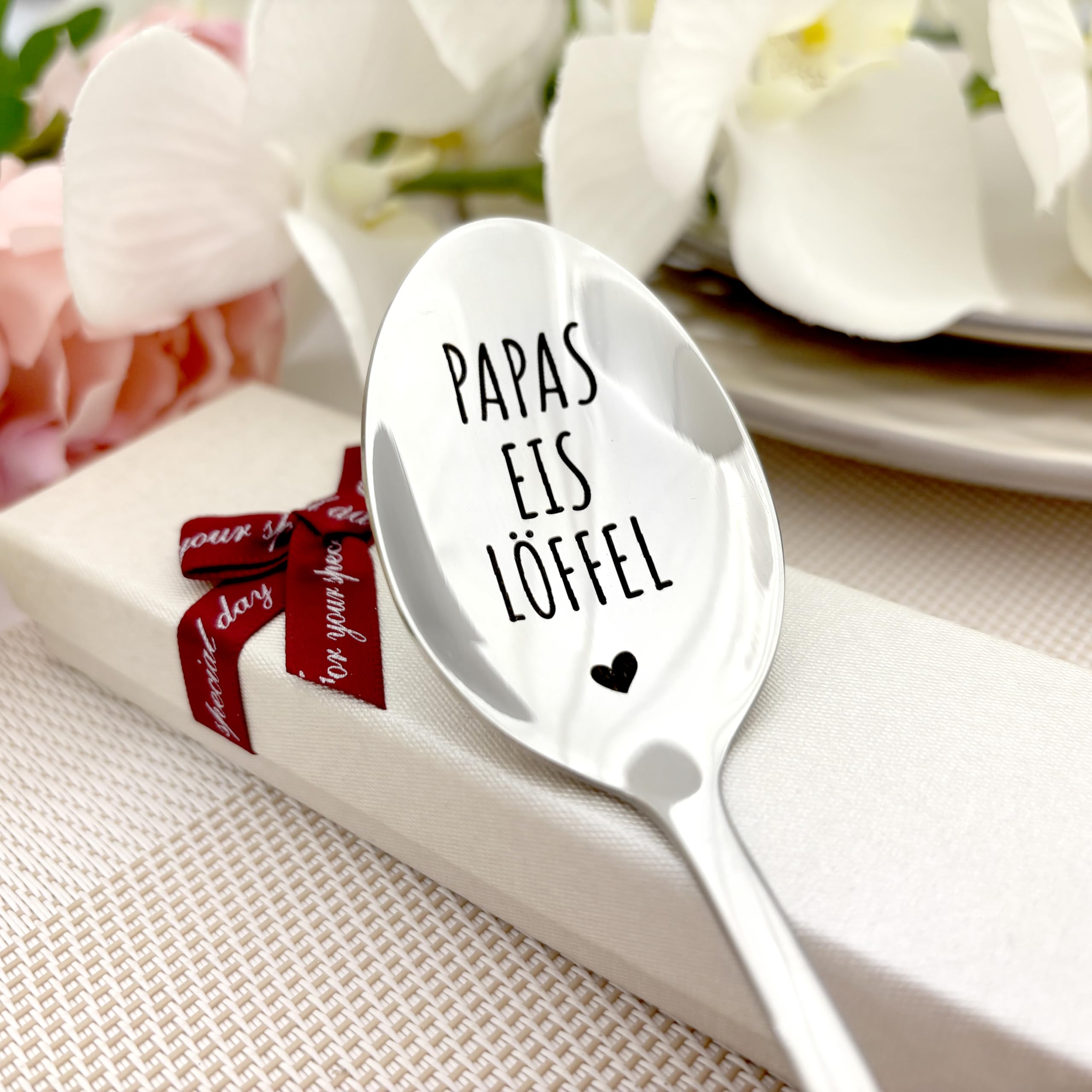 Gravierter Eislöffel mit personalisiertem Text, individuelle Gravur auf Löffel und Griff, inklusive Geschenkverpackung wählbare Größe und Farbe.