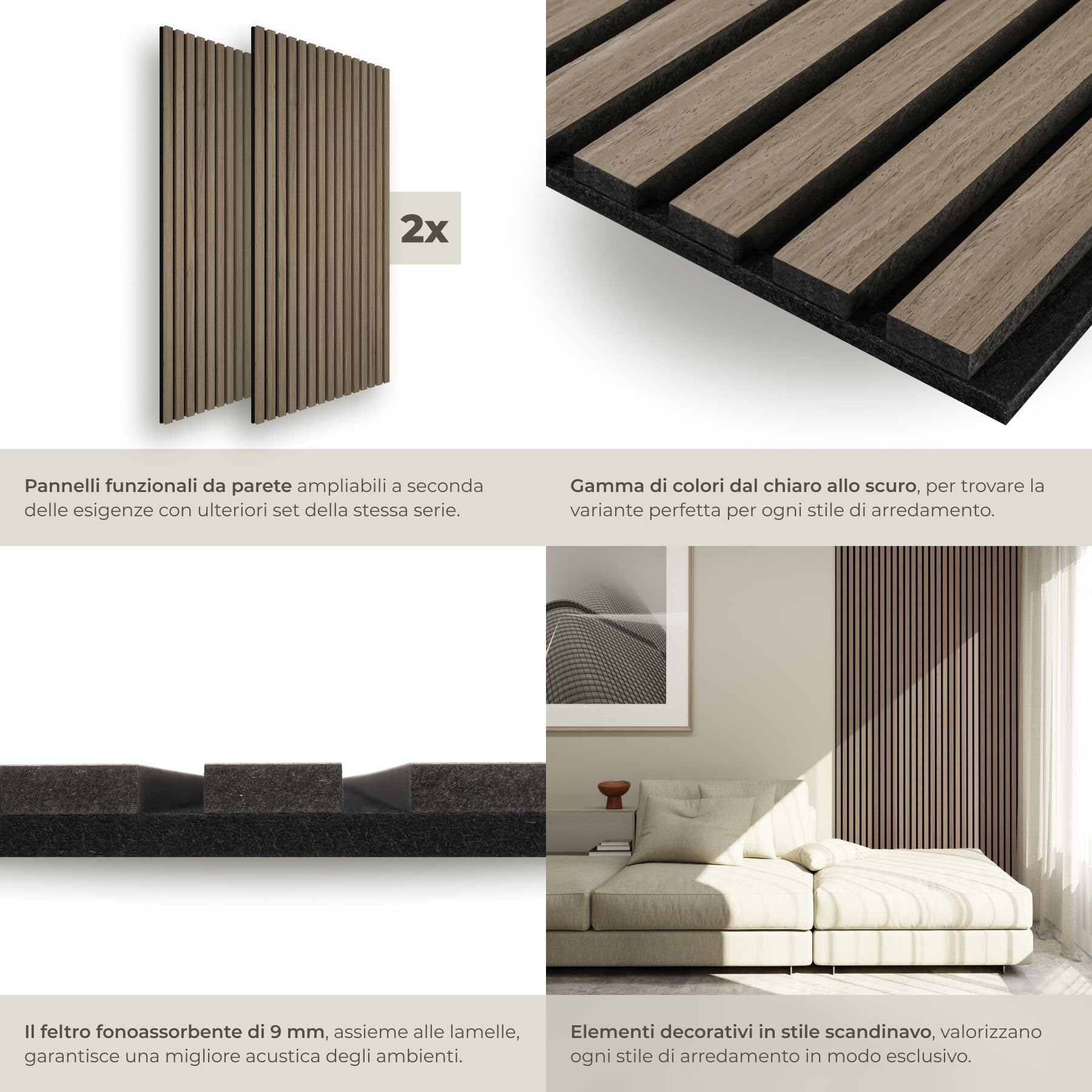 tectake® Set di 2 Pannelli Acustici Effetto Legno, 110 x 50 x 1,8 cm, Pannelli Fonoassorbenti Decorativi per Pareti, Set x2 Pannello Fonoassorbente Soffitto, 2 pz Pannello Murale - Rovere Scuro