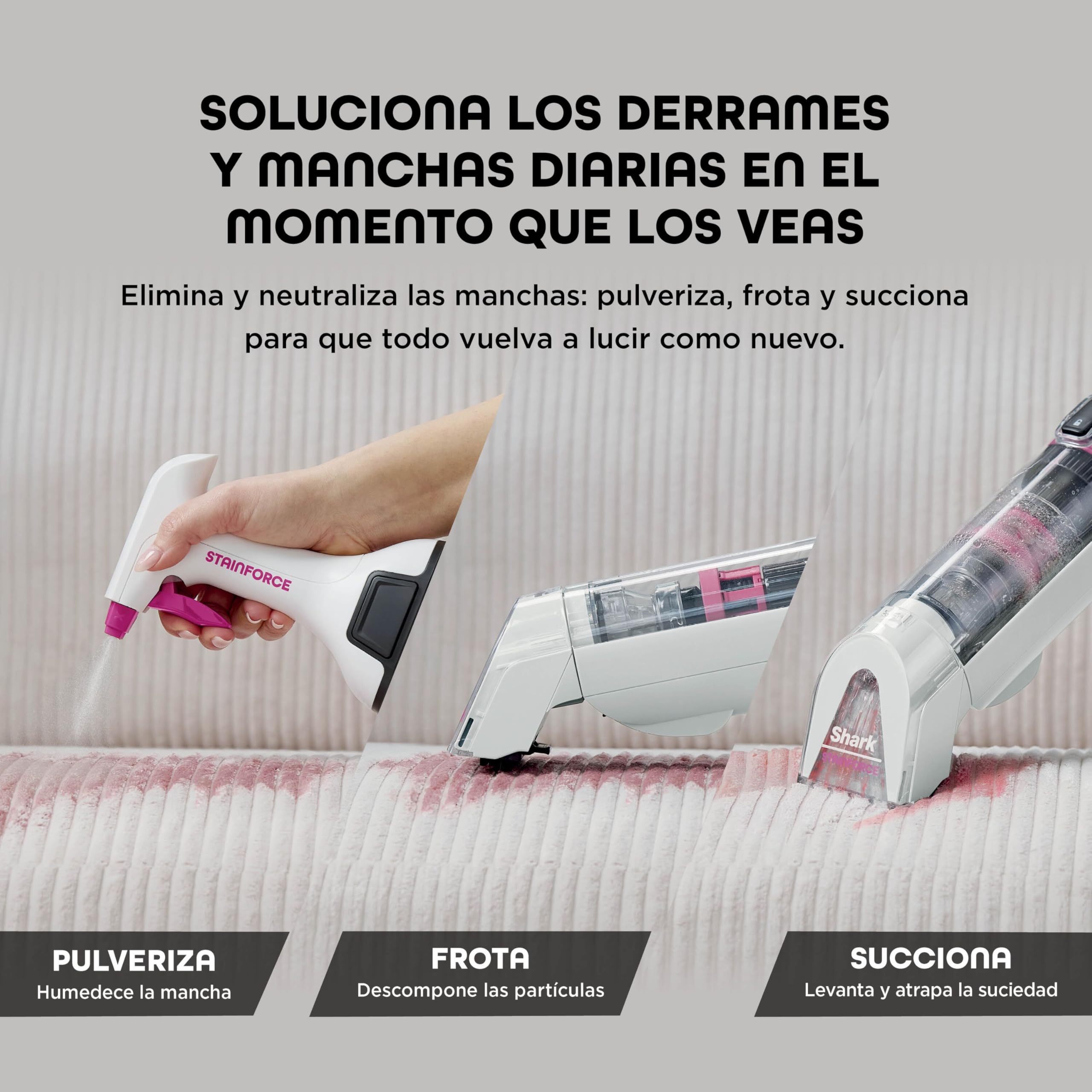 Shark StainForce, Eliminación de manchas y olores en alfombras, moquetas, tapicería, escaleras y coches, diseño ligero y portátil con organizador, accesorios y solución de limpieza total, HX100EUT
