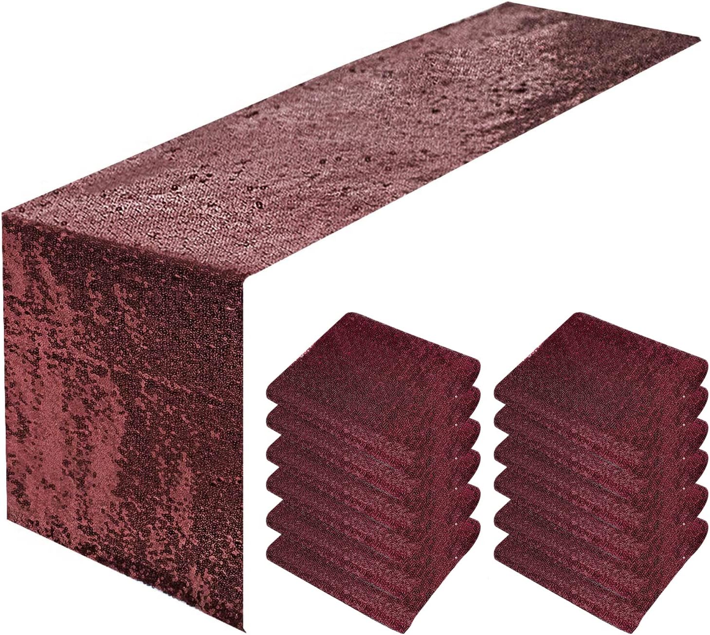 Burgundy Sequin Table Runner 12" x 108" Pack of 12 Sequin Rectangle Table Runner Glitter Table Runner for Party Decor Graduation Party Supplies Decorations Wedding, Birthday