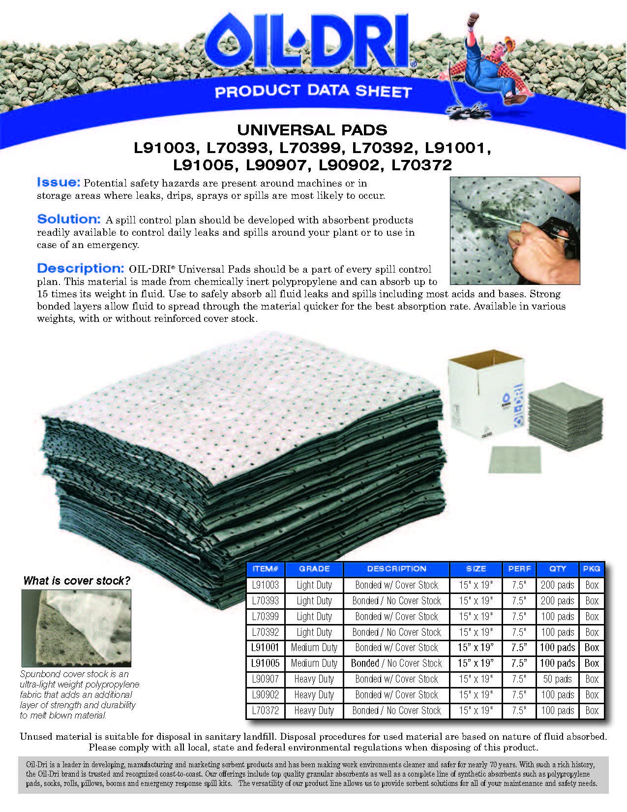 Oil-Dri L90902 15" W x 19" L Universal Heavy Weight Bonded Perforated Pads (100 Mats/Box)